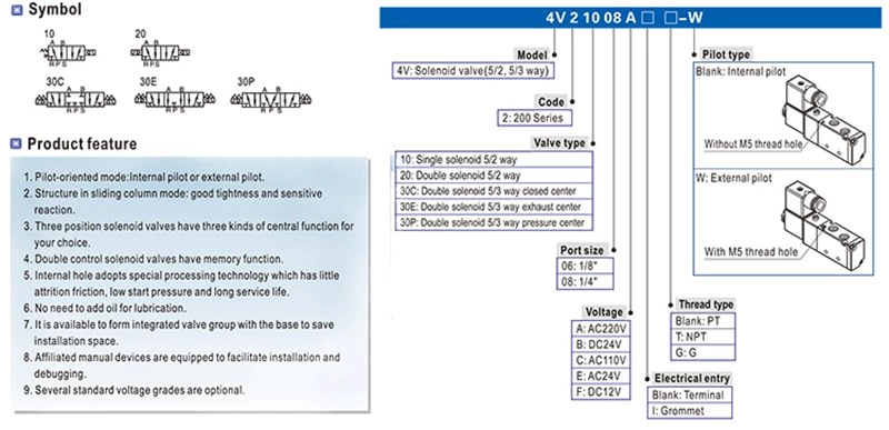 Double directional control 3 position 5 port center close valve 4v230c-08