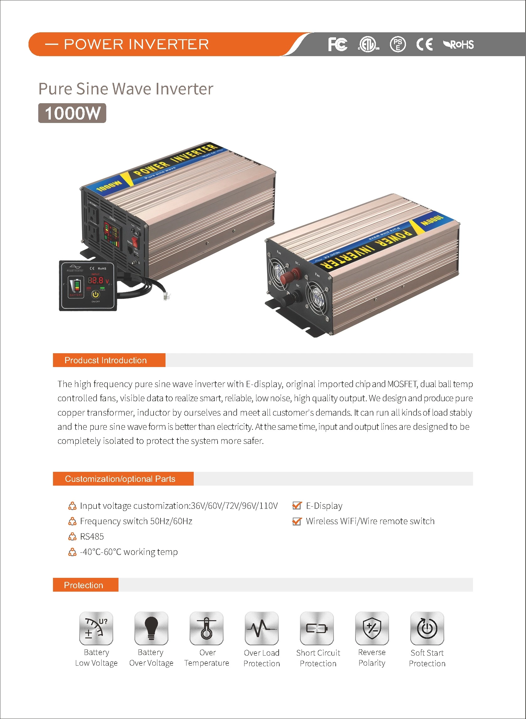 Pure Sine Wave Inverter SGPE 1000w 12/24/48VDC (Color display and remote control is optional)