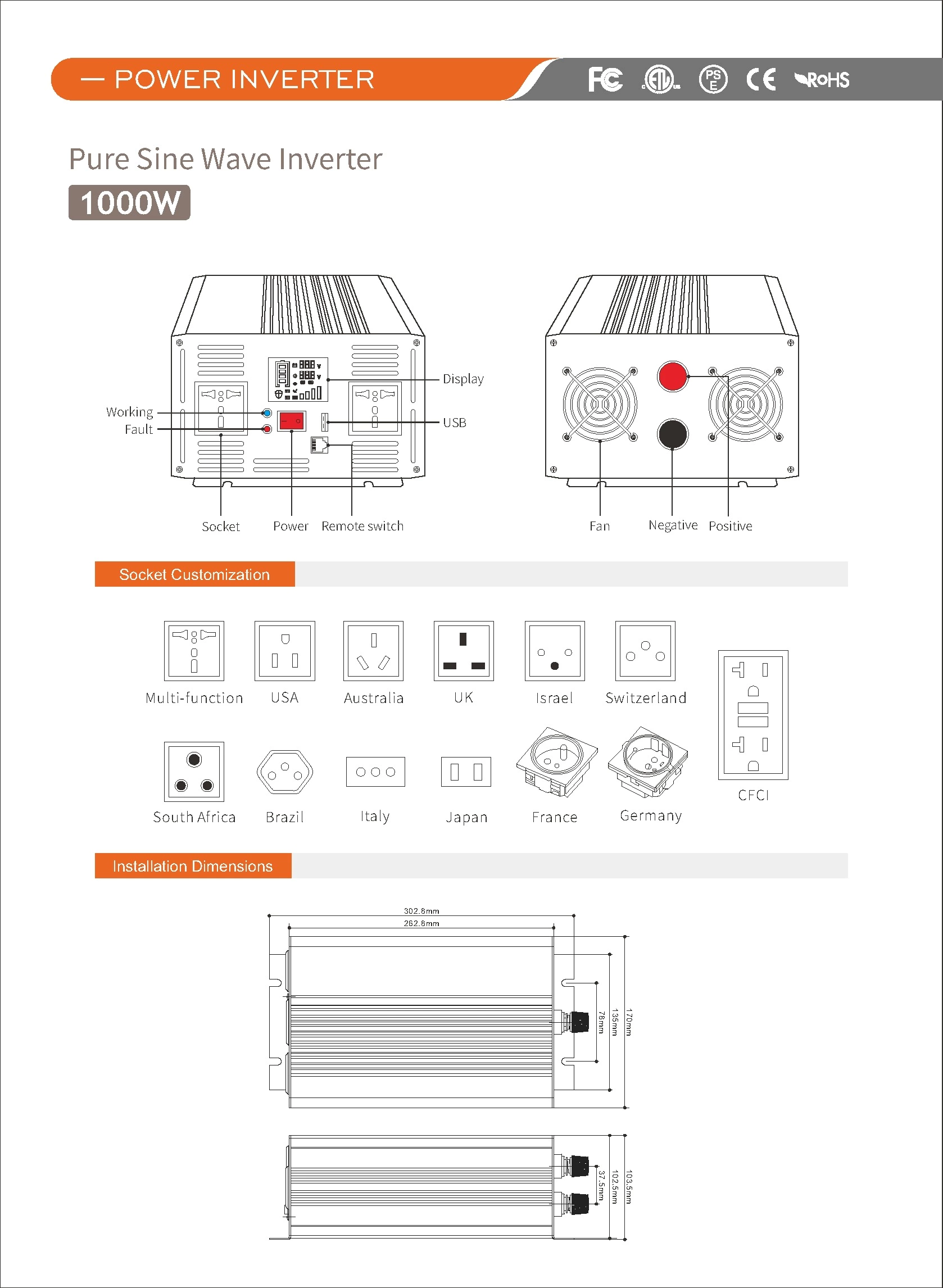 Pure Sine Wave Inverter SGPE 1000w 12/24/48VDC (Color display and remote control is optional)