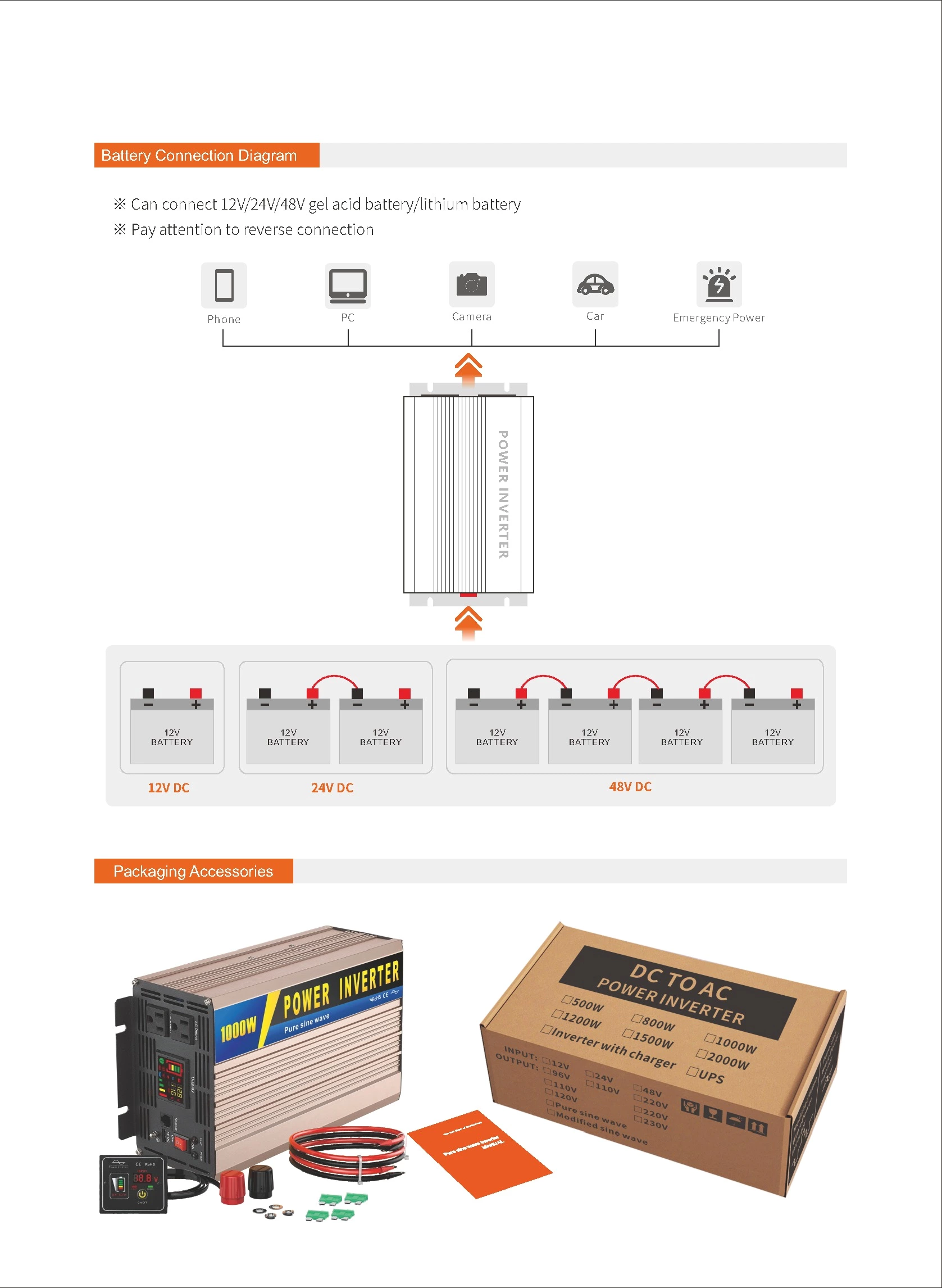 Pure Sine Wave Inverter SGPE 1000w 12/24/48VDC (Color display and remote control is optional)