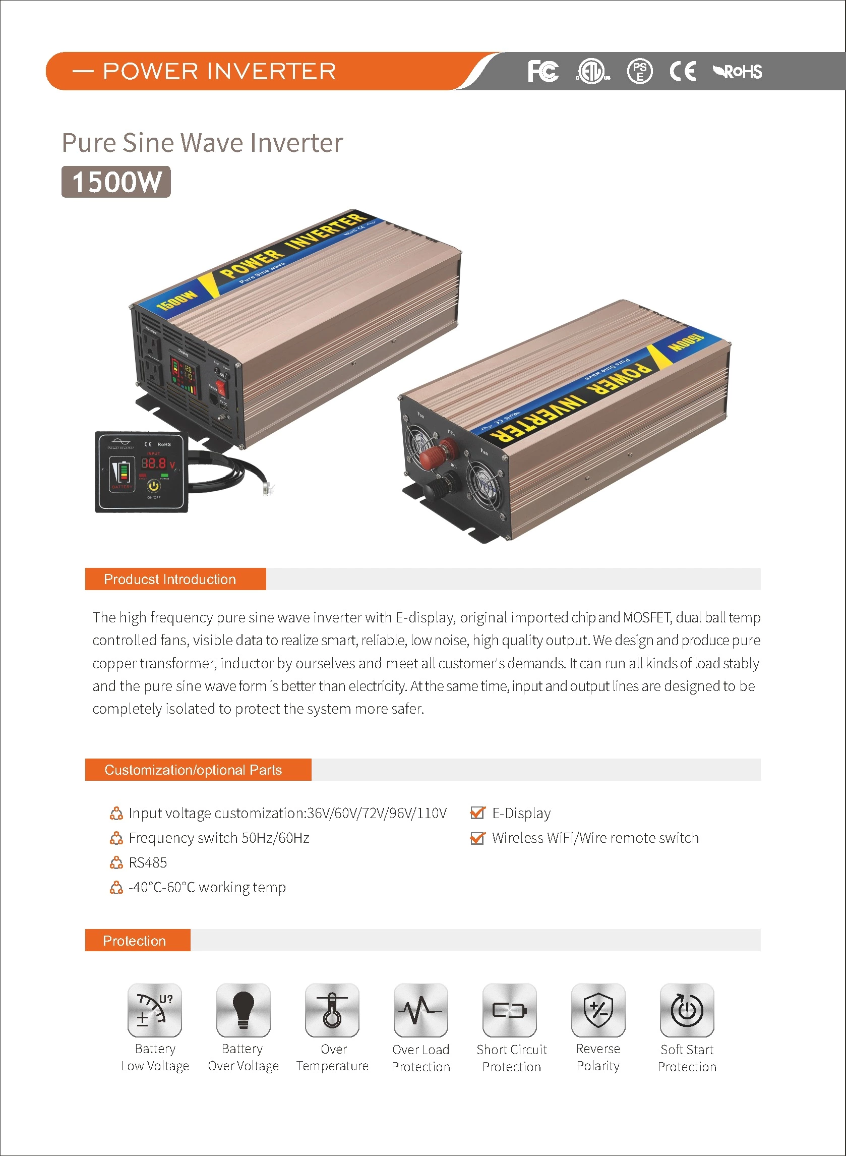 Pure Sine Wave Inverter SGPE 1500w 12/24/48VDC (Color display and remote control is optional)
