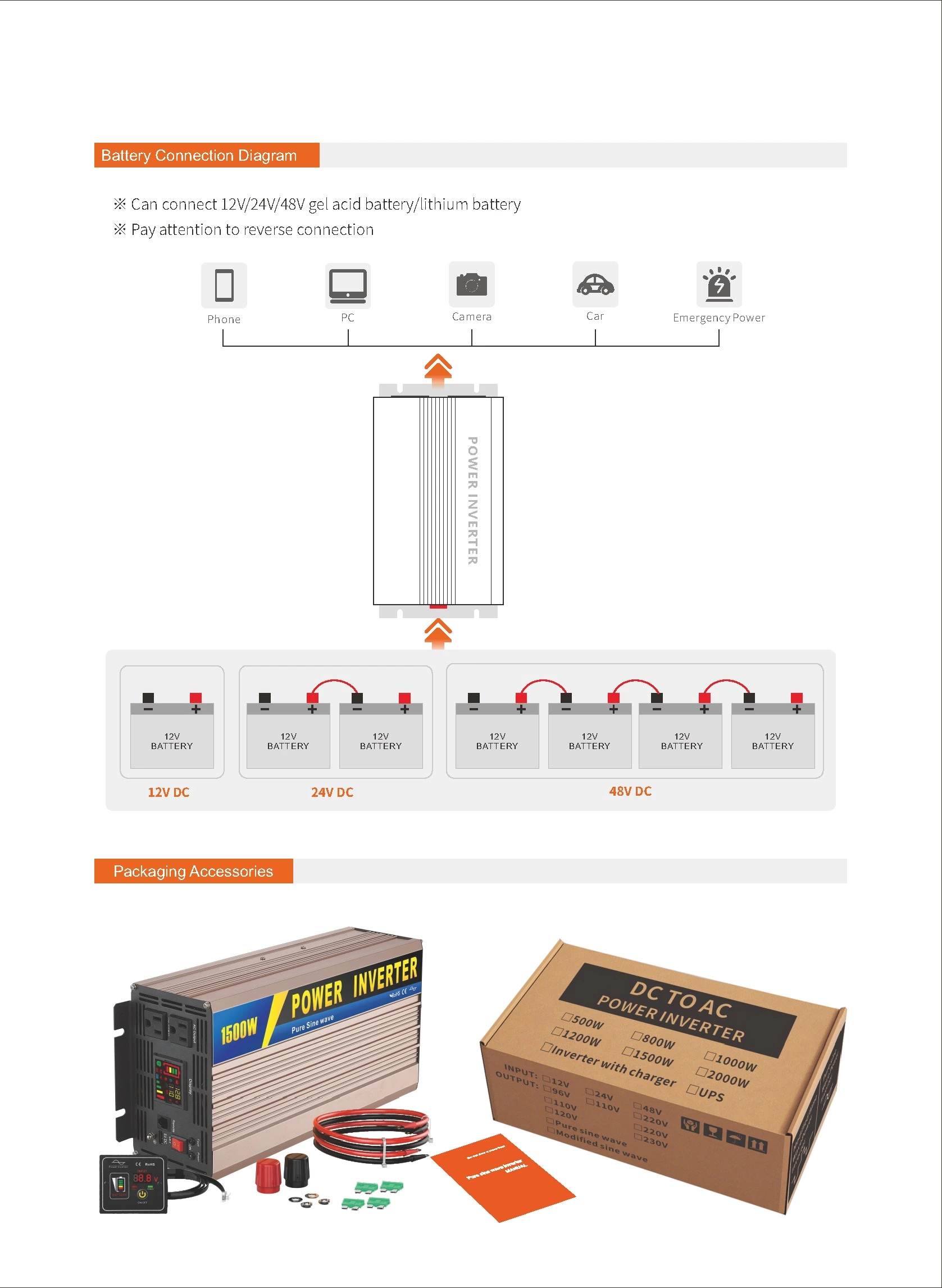 Pure Sine Wave Inverter SGPE 1500w 12/24/48VDC (Color display and remote control is optional)