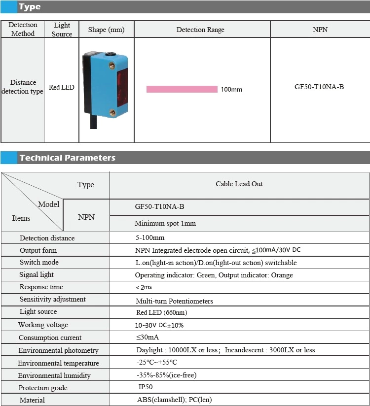 Background Suppression Square Photoelectric Sensor GF50-T10NA-B Proximity Switch Sensor