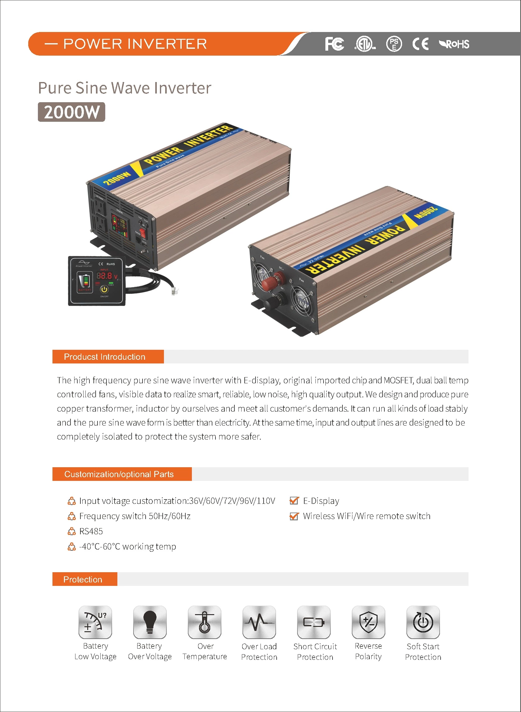 Pure Sine Wave Inverter SGPE 2000w 12/24/48VDC (Color display and remote control is optional)