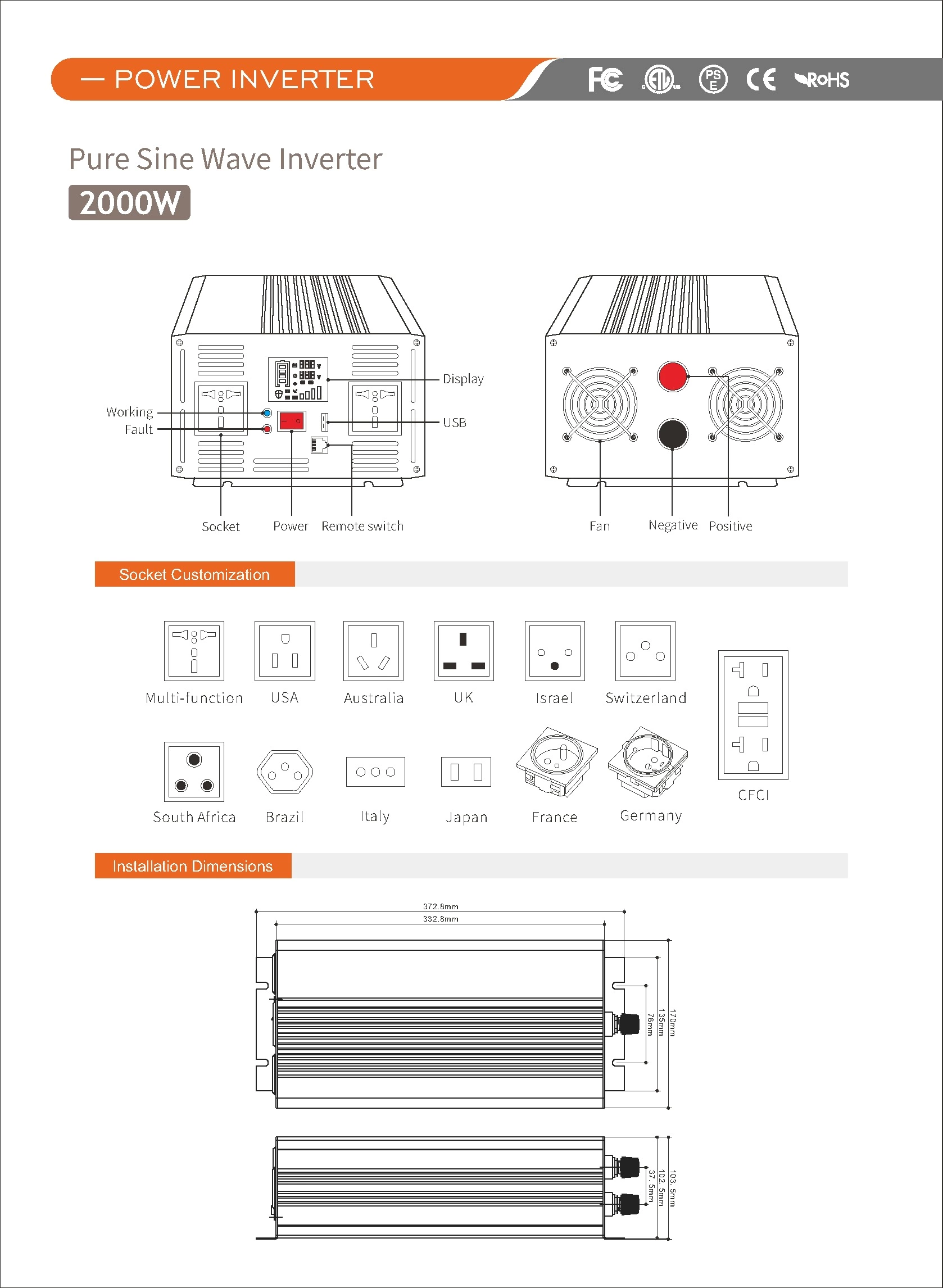 Pure Sine Wave Inverter SGPE 2000w 12/24/48VDC (Color display and remote control is optional)