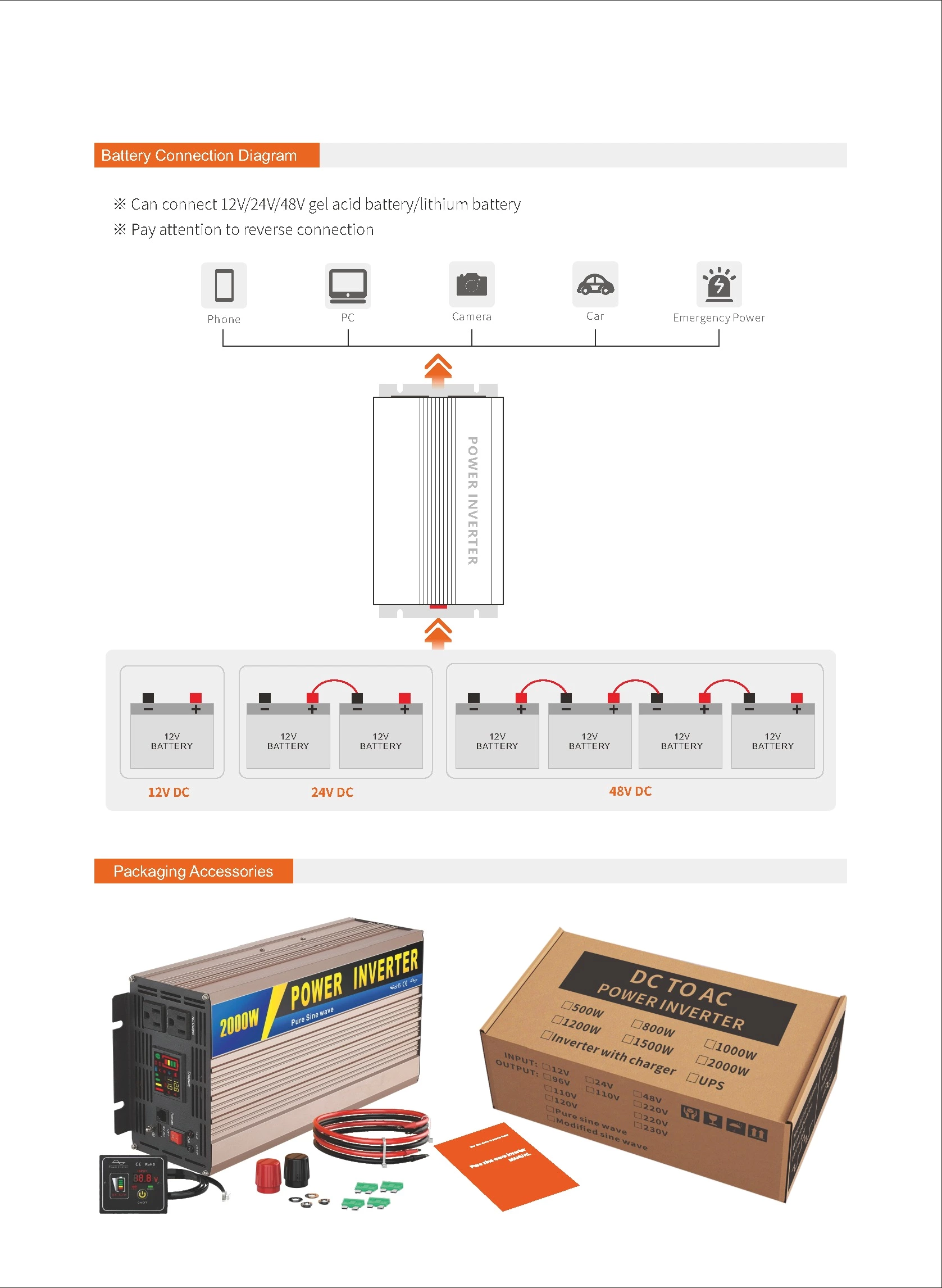 Pure Sine Wave Inverter SGPE 2000w 12/24/48VDC (Color display and remote control is optional)