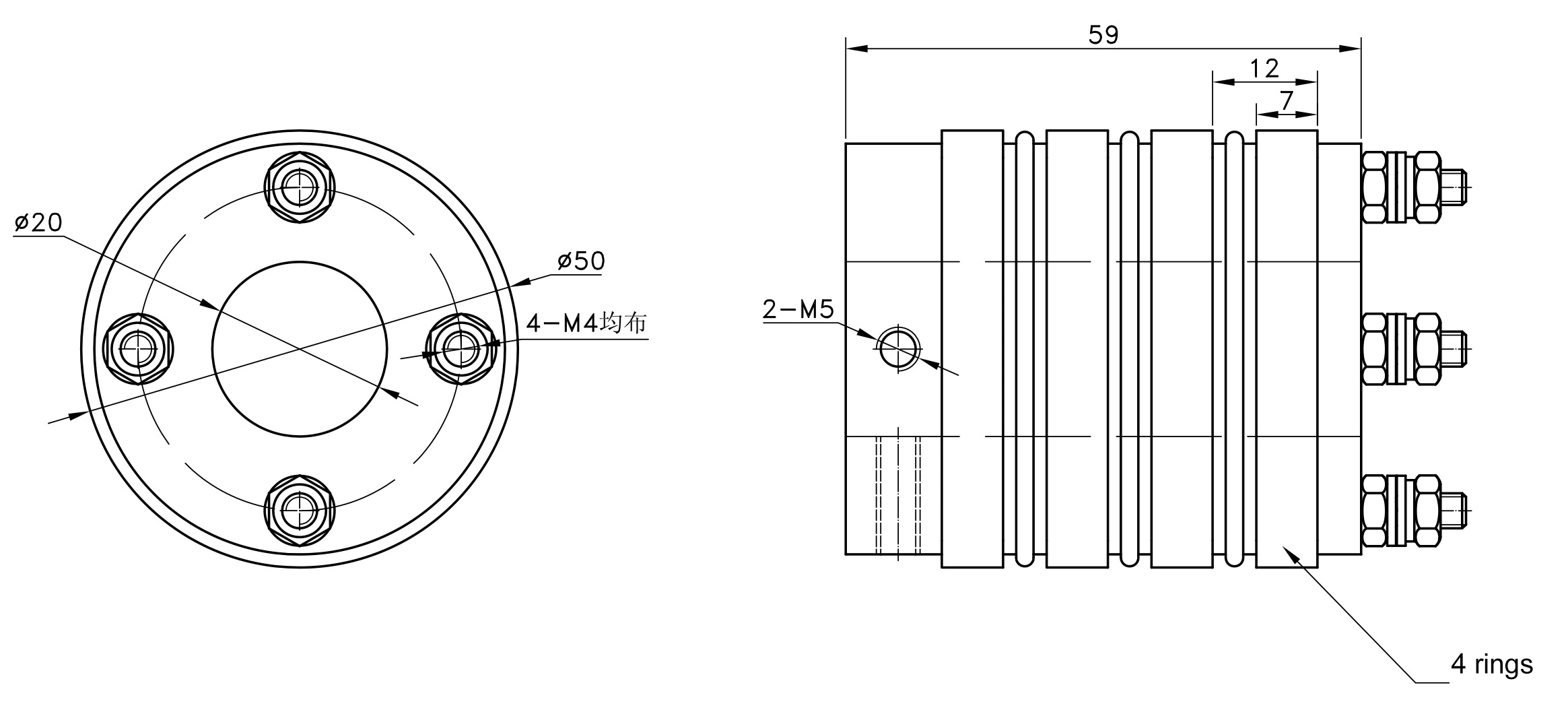Carbon Brush Holder Slip Ring Dia 50mm 4rings 20A/ring SRH20*50*59-4