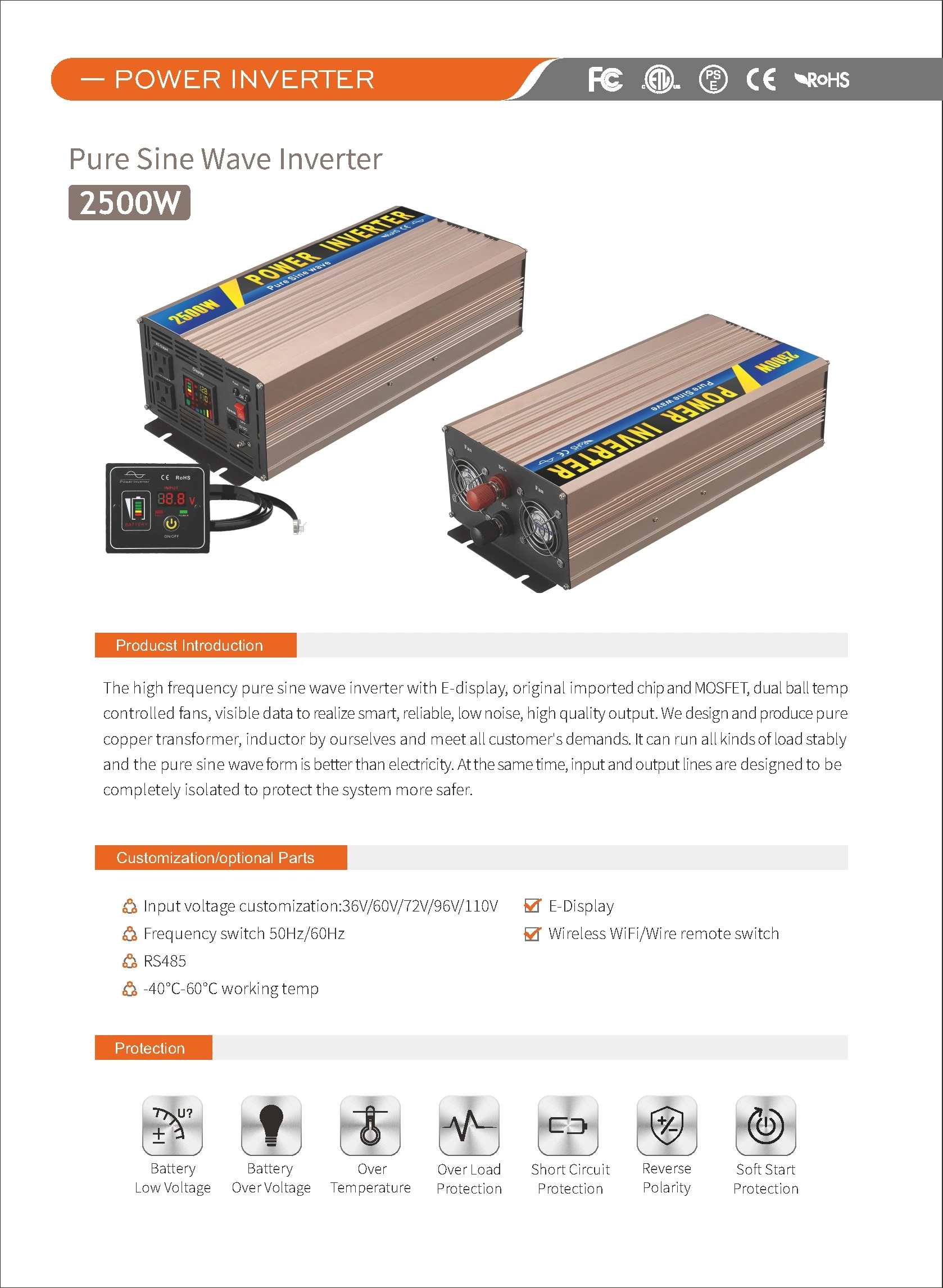 Pure Sine Wave Inverter SGPE 2500w 12/24/48VDC (Color display and remote control is optional)