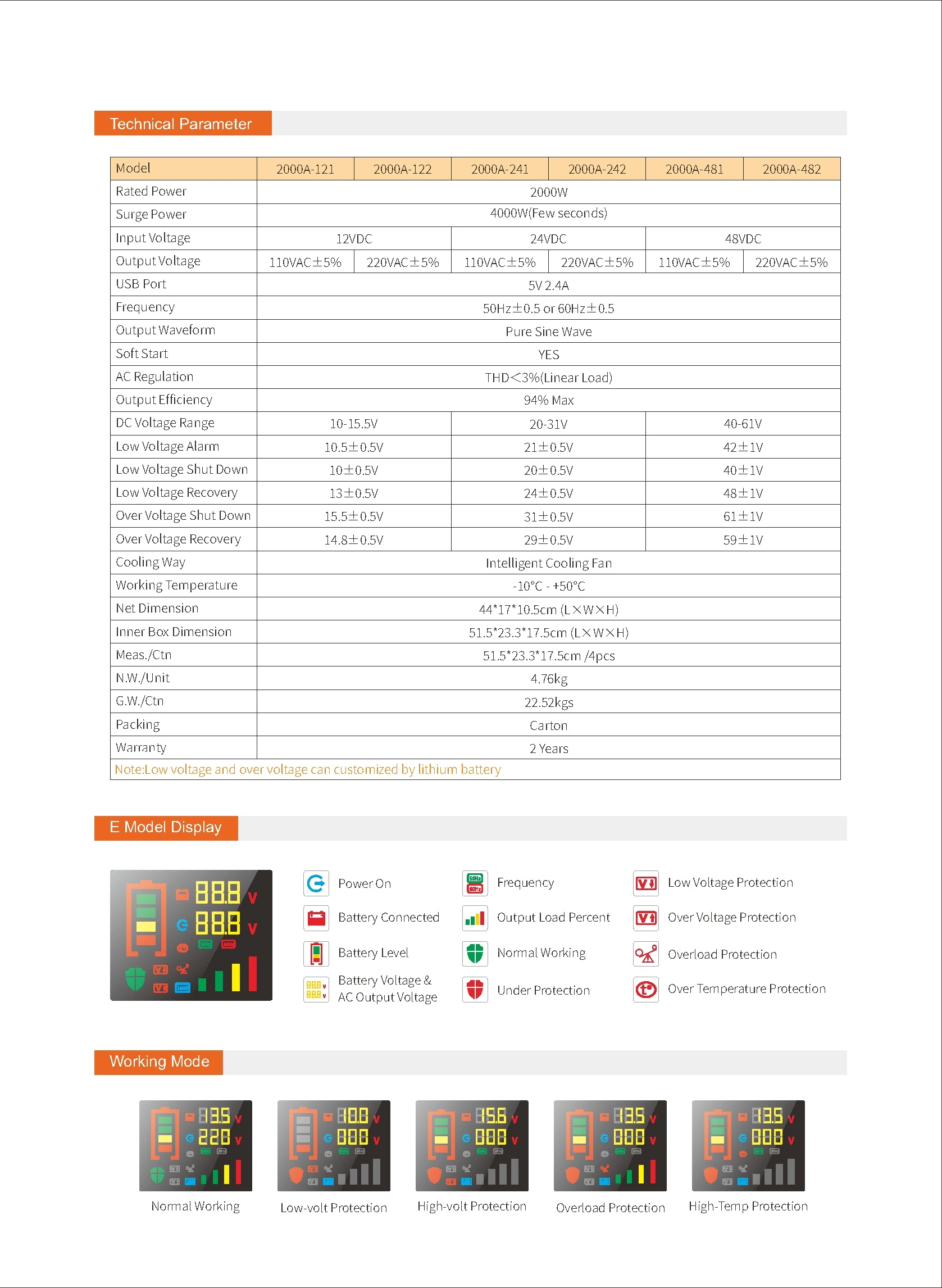 Pure Sine Wave Inverter SGPE 2500w 12/24/48VDC (Color display and remote control is optional)