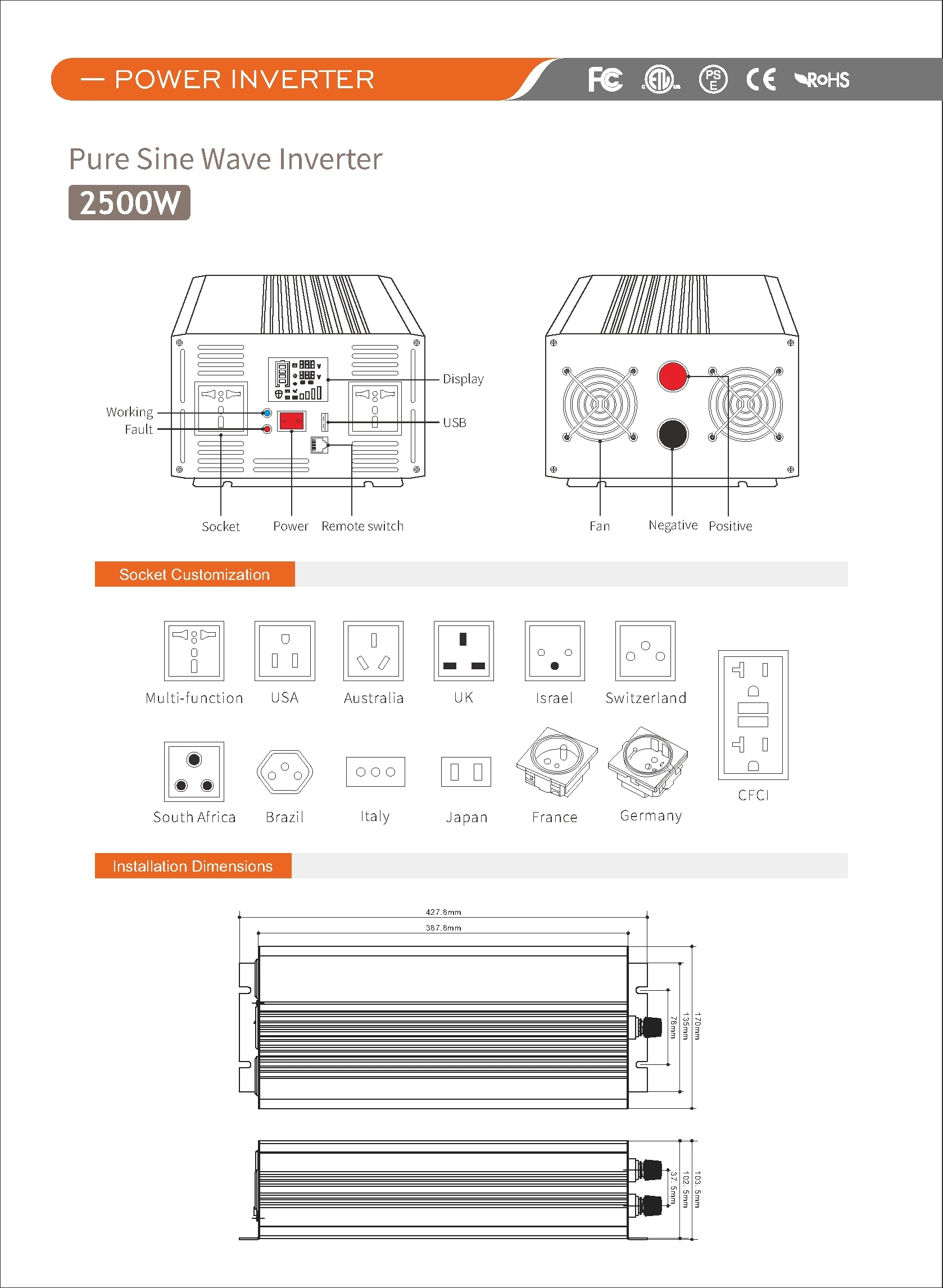 Pure Sine Wave Inverter SGPE 2500w 12/24/48VDC (Color display and remote control is optional)