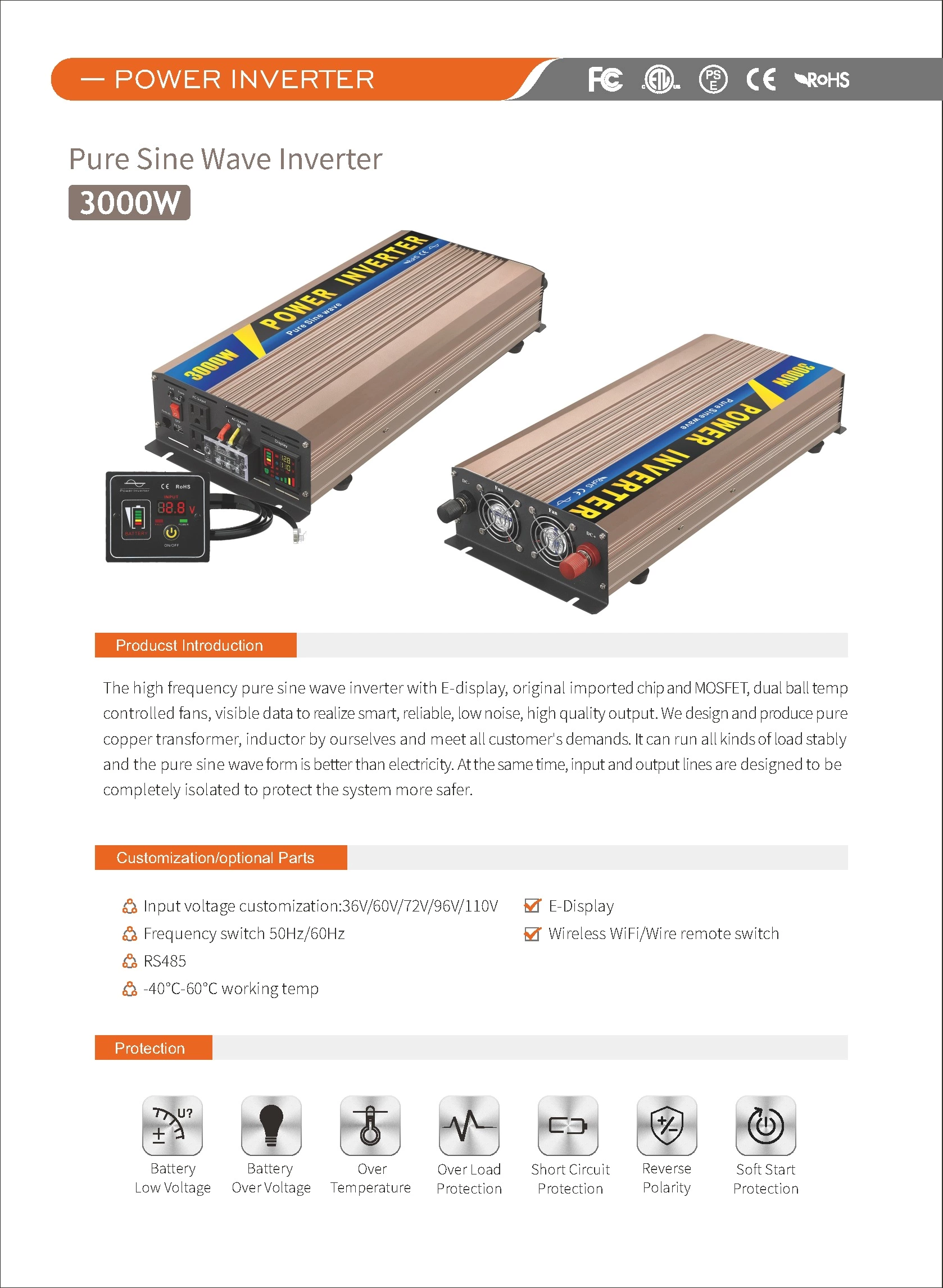 Pure Sine Wave Inverter SGPE3000w 12/24/48VDC (Color Display And Remote Control Is Optional)