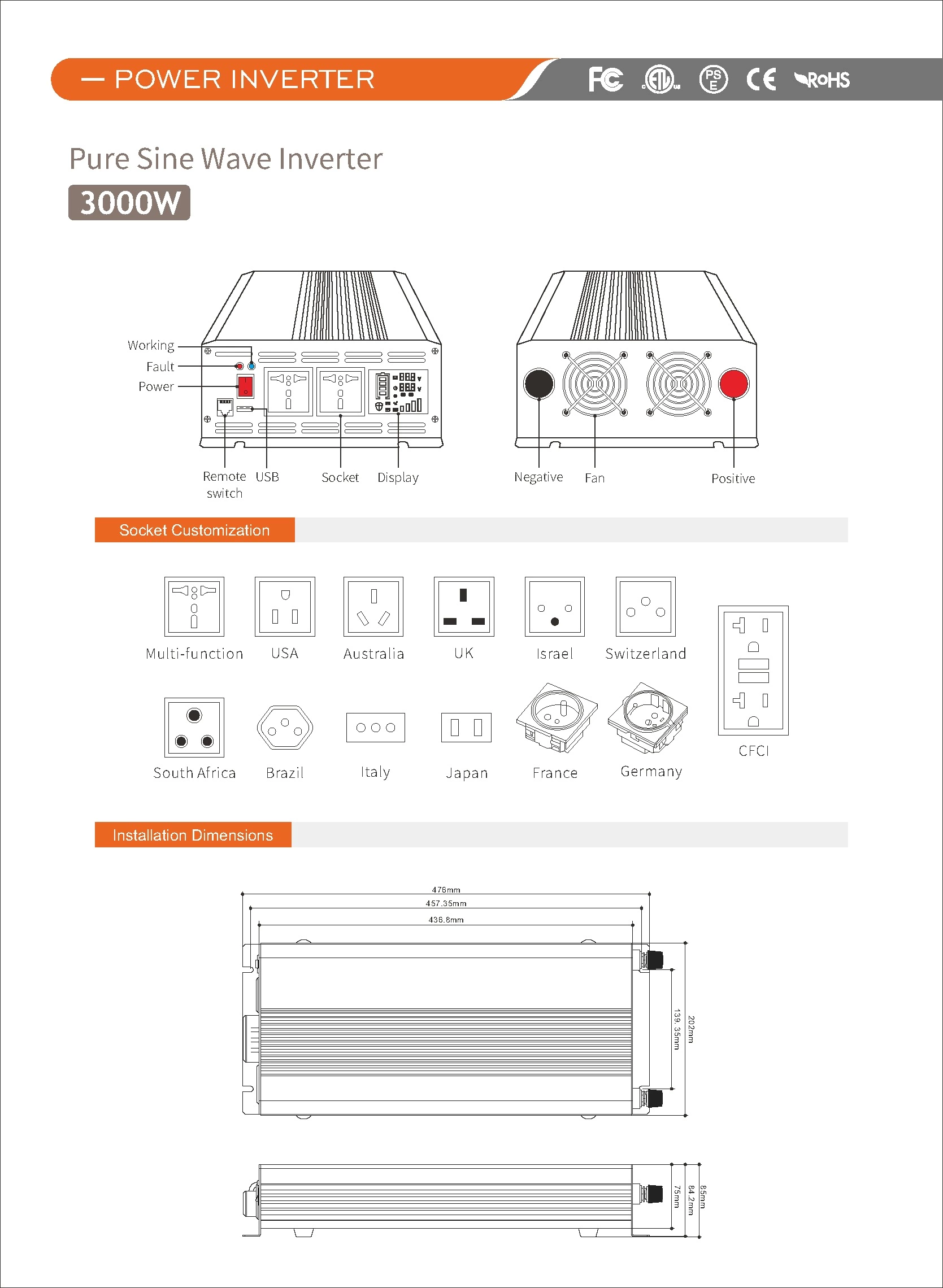 Pure Sine Wave Inverter SGPE3000w 12/24/48VDC (Color Display And Remote Control Is Optional)