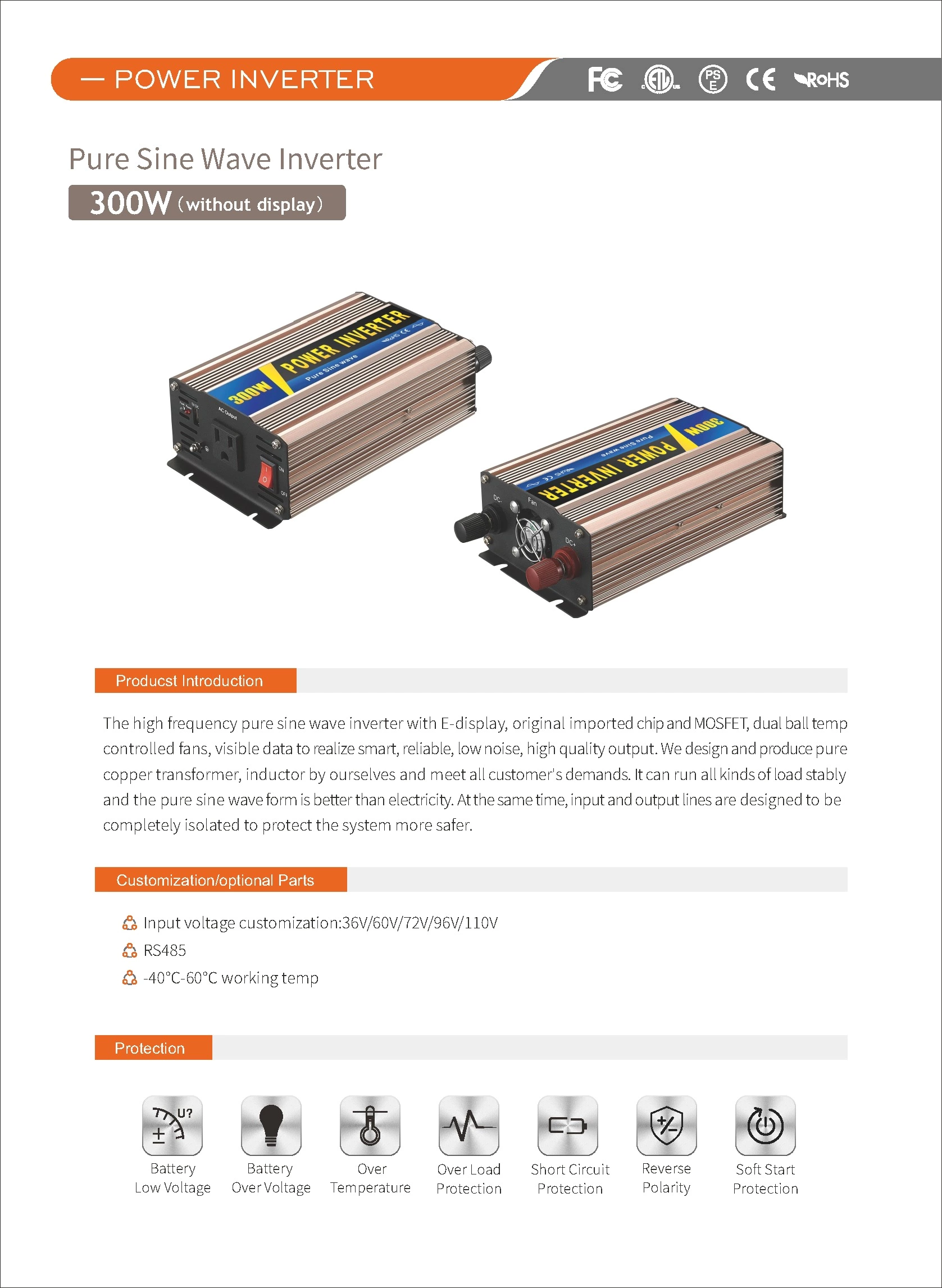 Pure Sine Wave Inverter SGPE 300w without display 36V/60V/72V/96V/110V