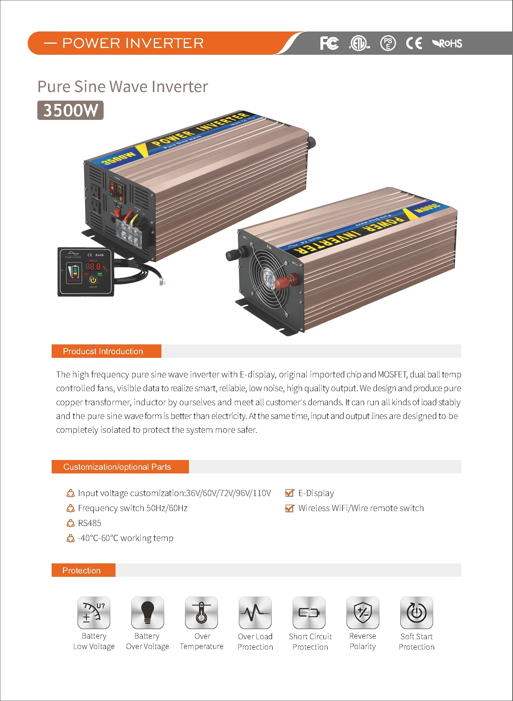 Pure Sine Wave Inverter SGPE3500w 12/24/48VDC (Color Display And Remote Control Is Optional)