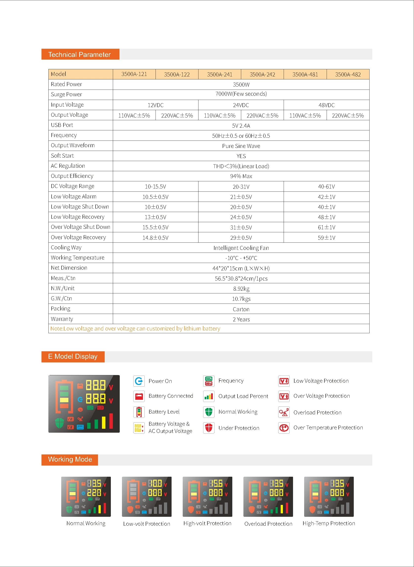 Pure Sine Wave Inverter SGPE3500w 12/24/48VDC (Color Display And Remote Control Is Optional)