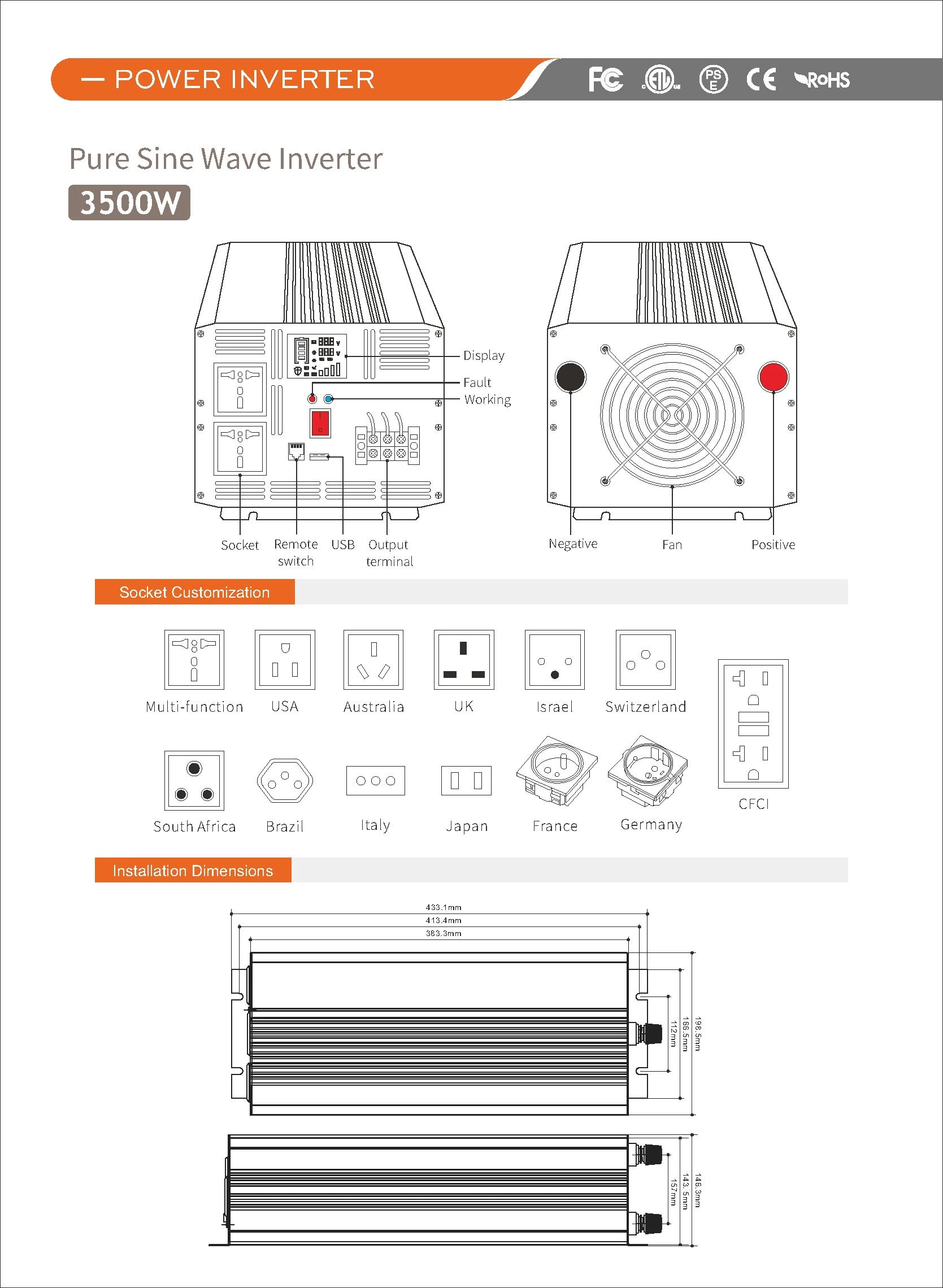 Pure Sine Wave Inverter SGPE3500w 12/24/48VDC (Color Display And Remote Control Is Optional)