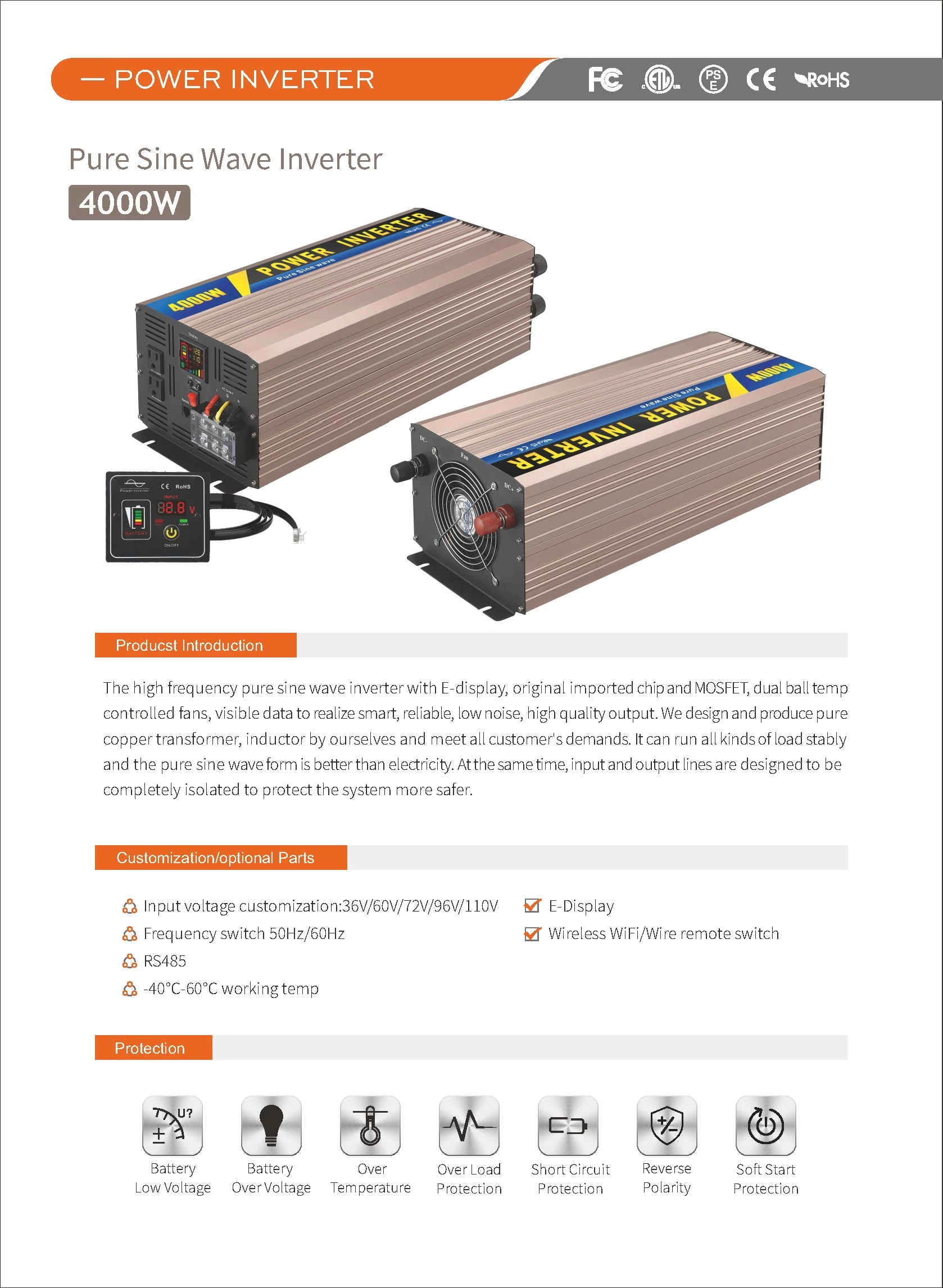Pure Sine Wave Inverter SGPE4000w 12/24/48VDC (Color Display And Remote Control Is Optional)