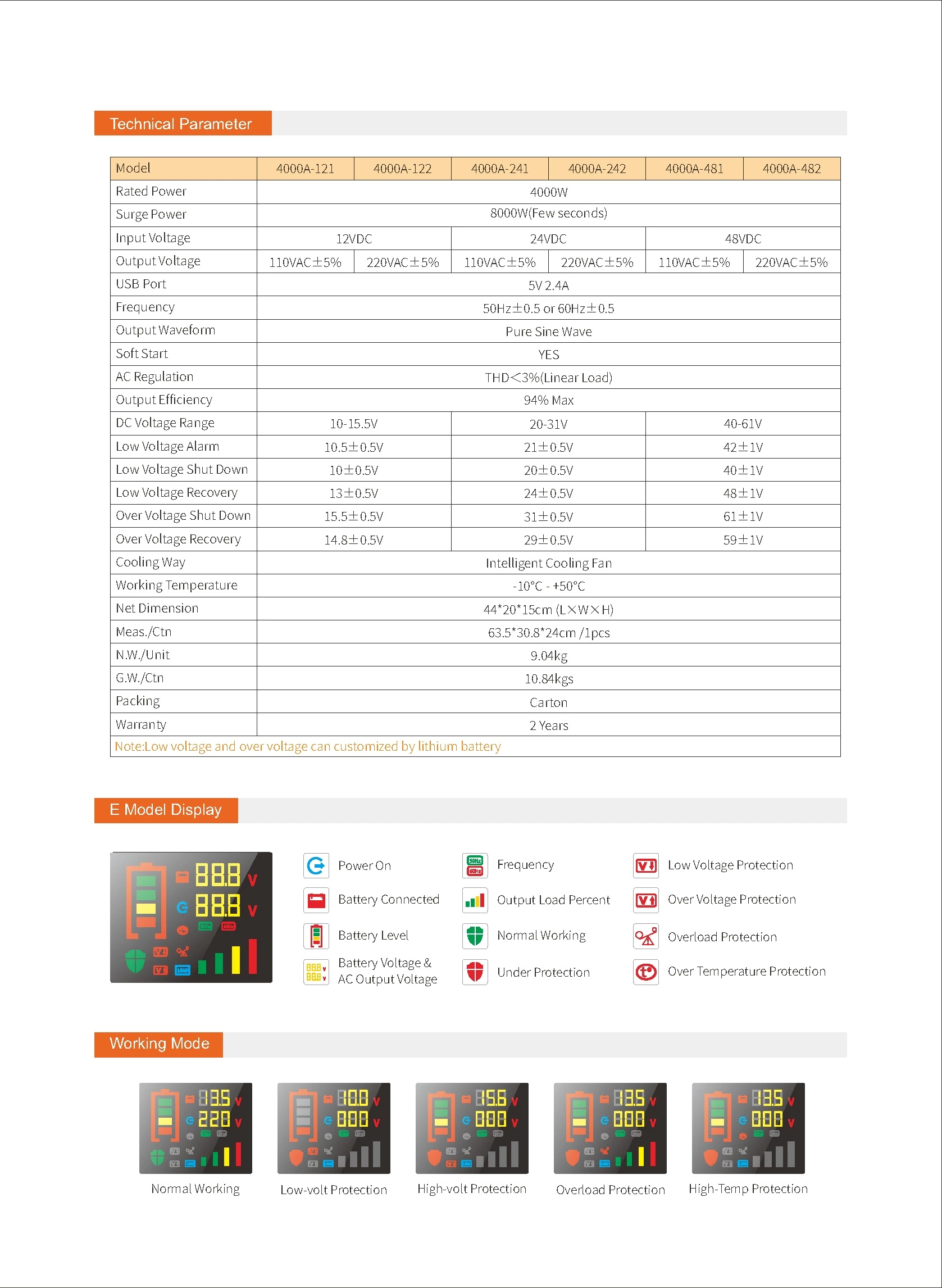 Pure Sine Wave Inverter SGPE4000w 12/24/48VDC (Color Display And Remote Control Is Optional)