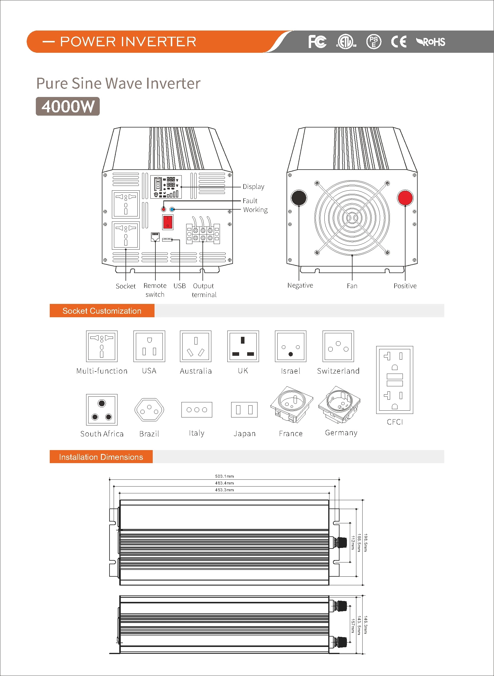 Pure Sine Wave Inverter SGPE4000w 12/24/48VDC (Color Display And Remote Control Is Optional)
