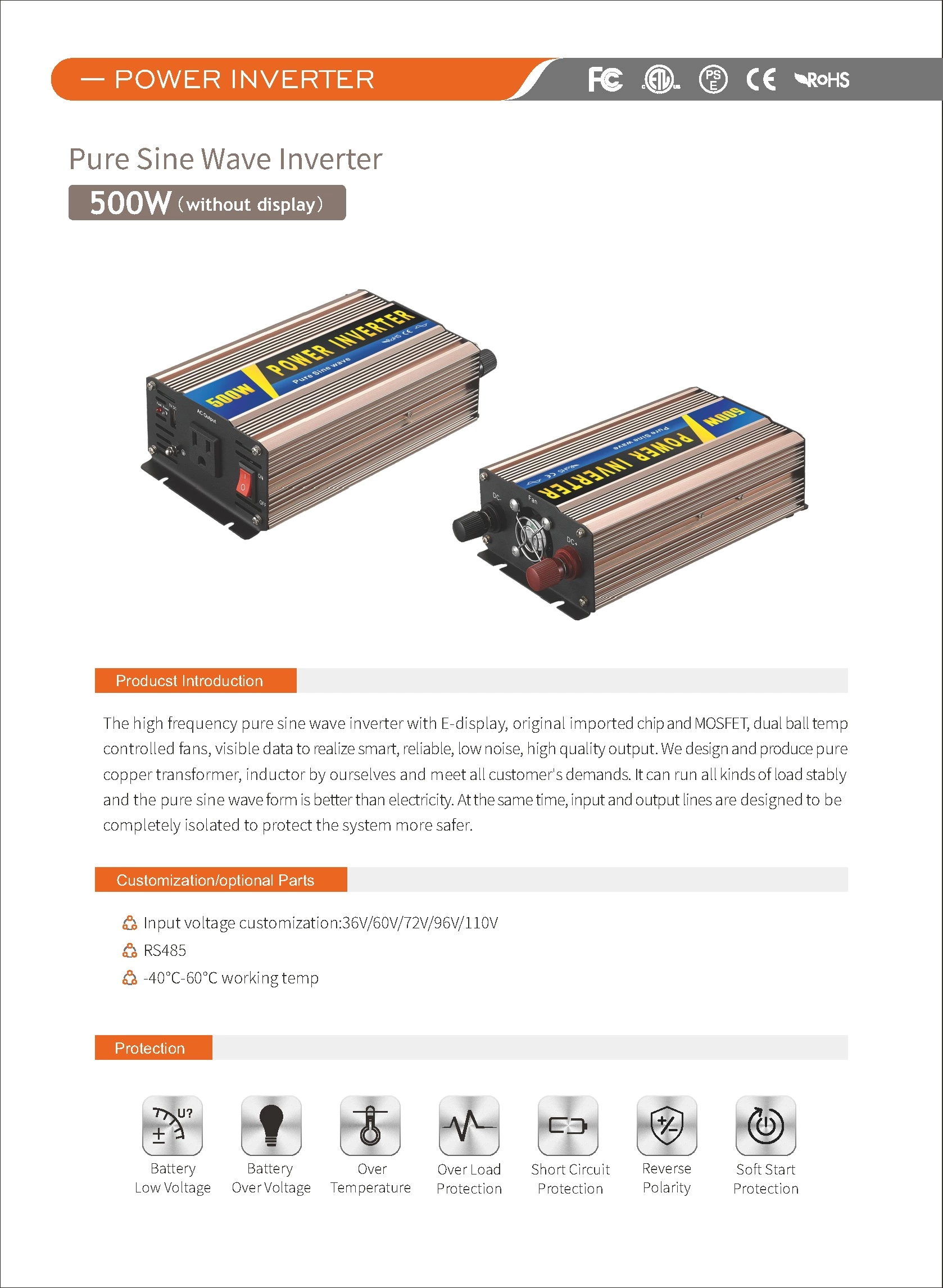 Pure Sine Wave Inverter SGPE 500w 12v/24v/48v No Color Display Or Remote Control