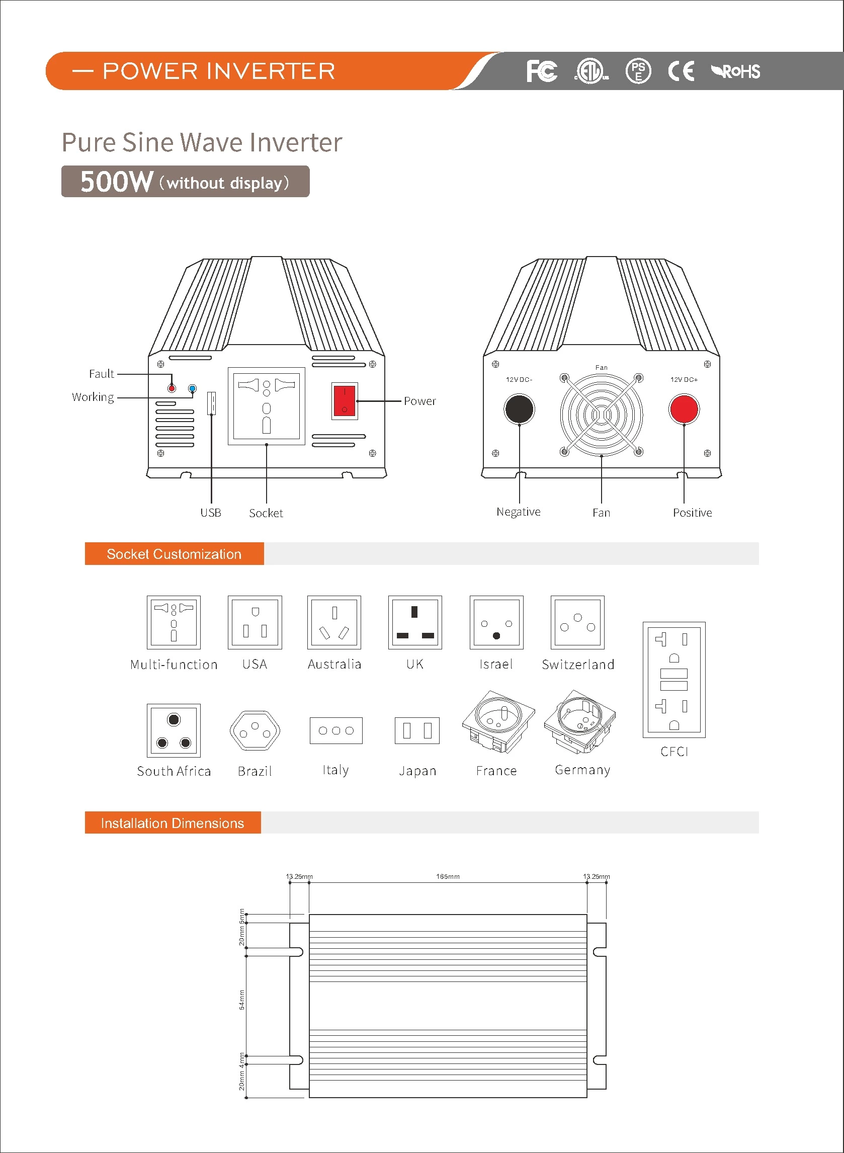 Pure Sine Wave Inverter SGPE 500w 12v/24v/48v No Color Display Or Remote Control