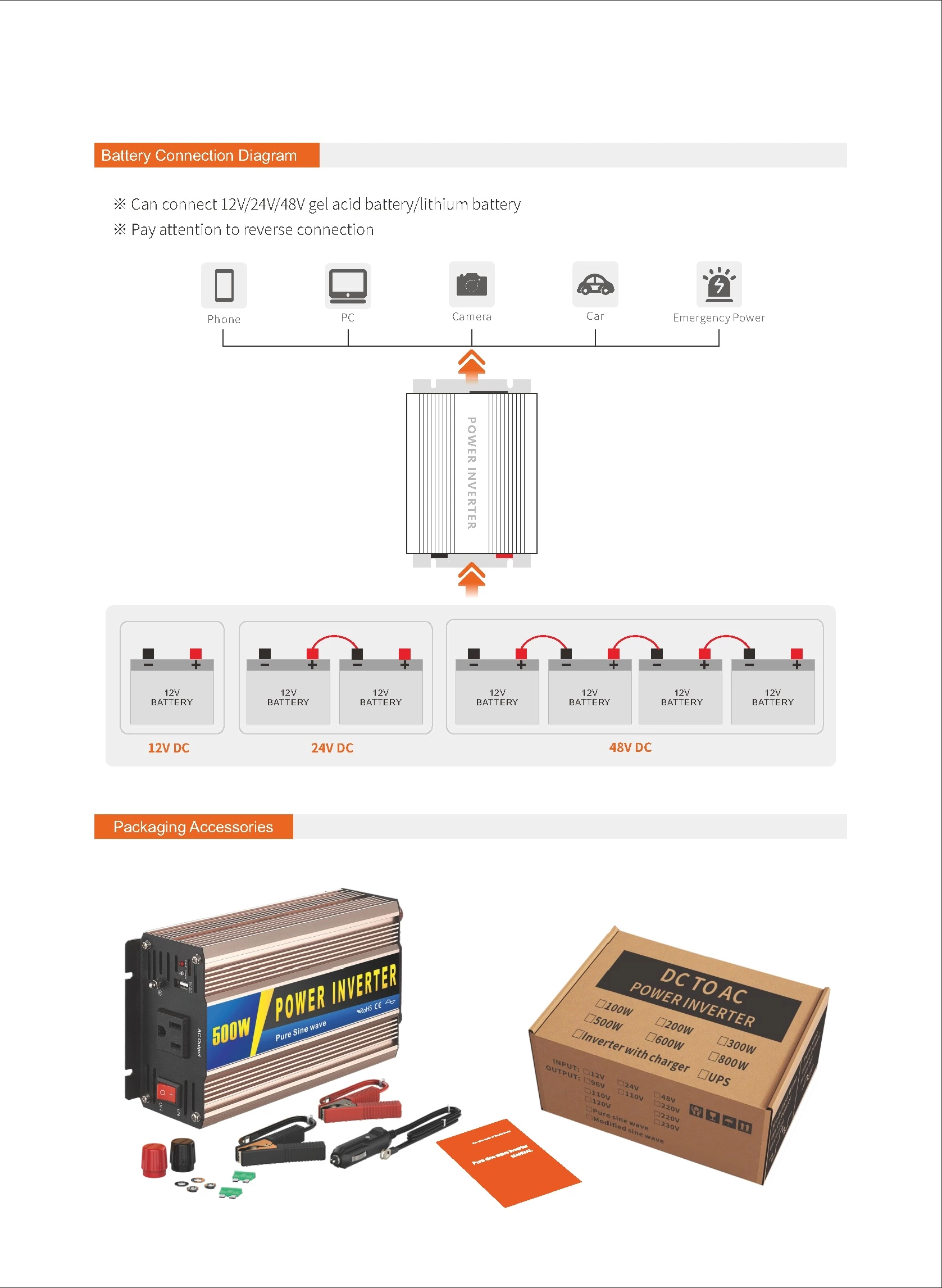 Pure Sine Wave Inverter SGPE 500w 12v/24v/48v No Color Display Or Remote Control