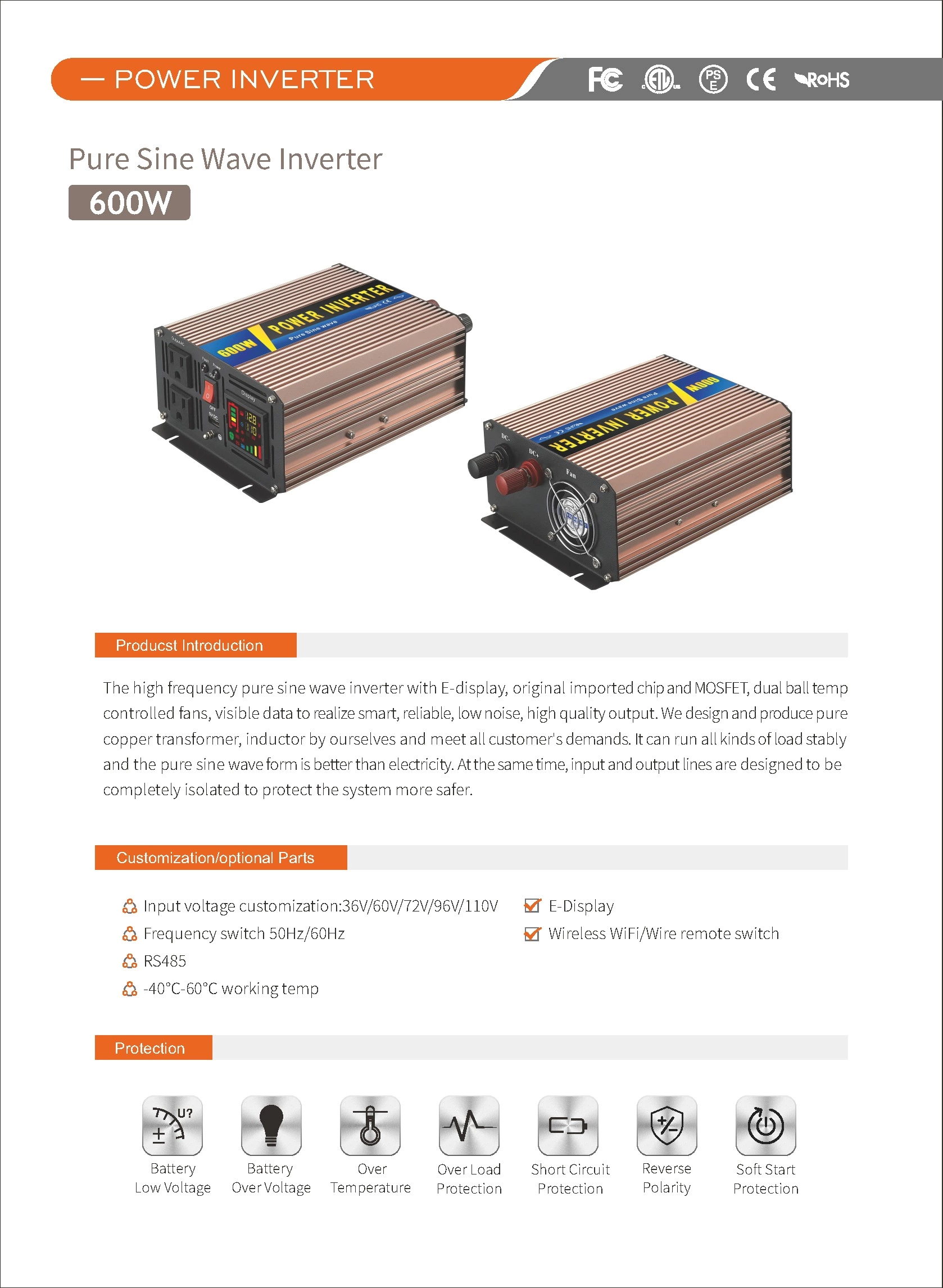 Pure Sine Wave Inverter SGPE 600w 12/24/48VDC New energy system (Color display and remote control is optional)