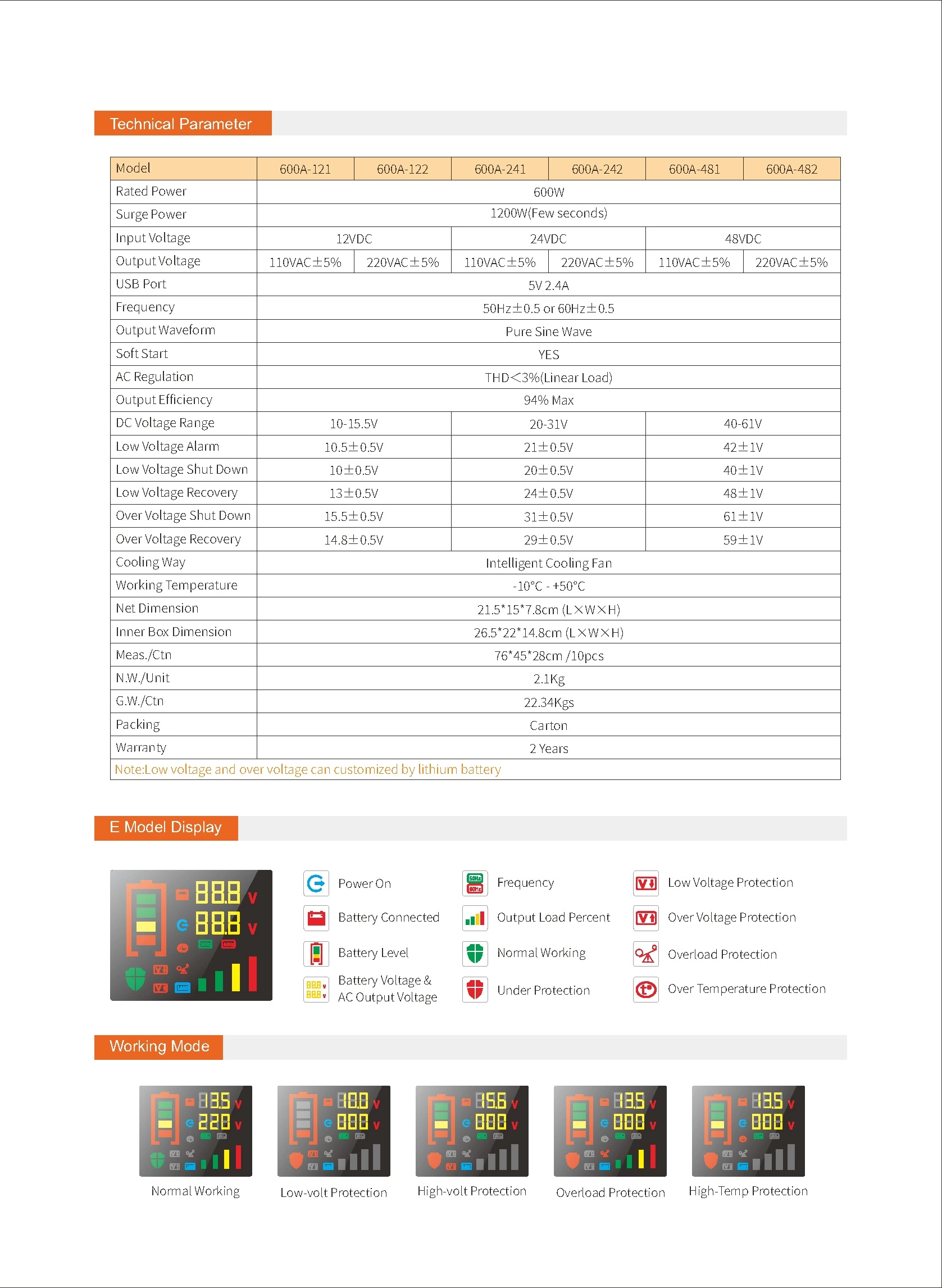 Pure Sine Wave Inverter SGPE 600w 12/24/48VDC New energy system (Color display and remote control is optional)