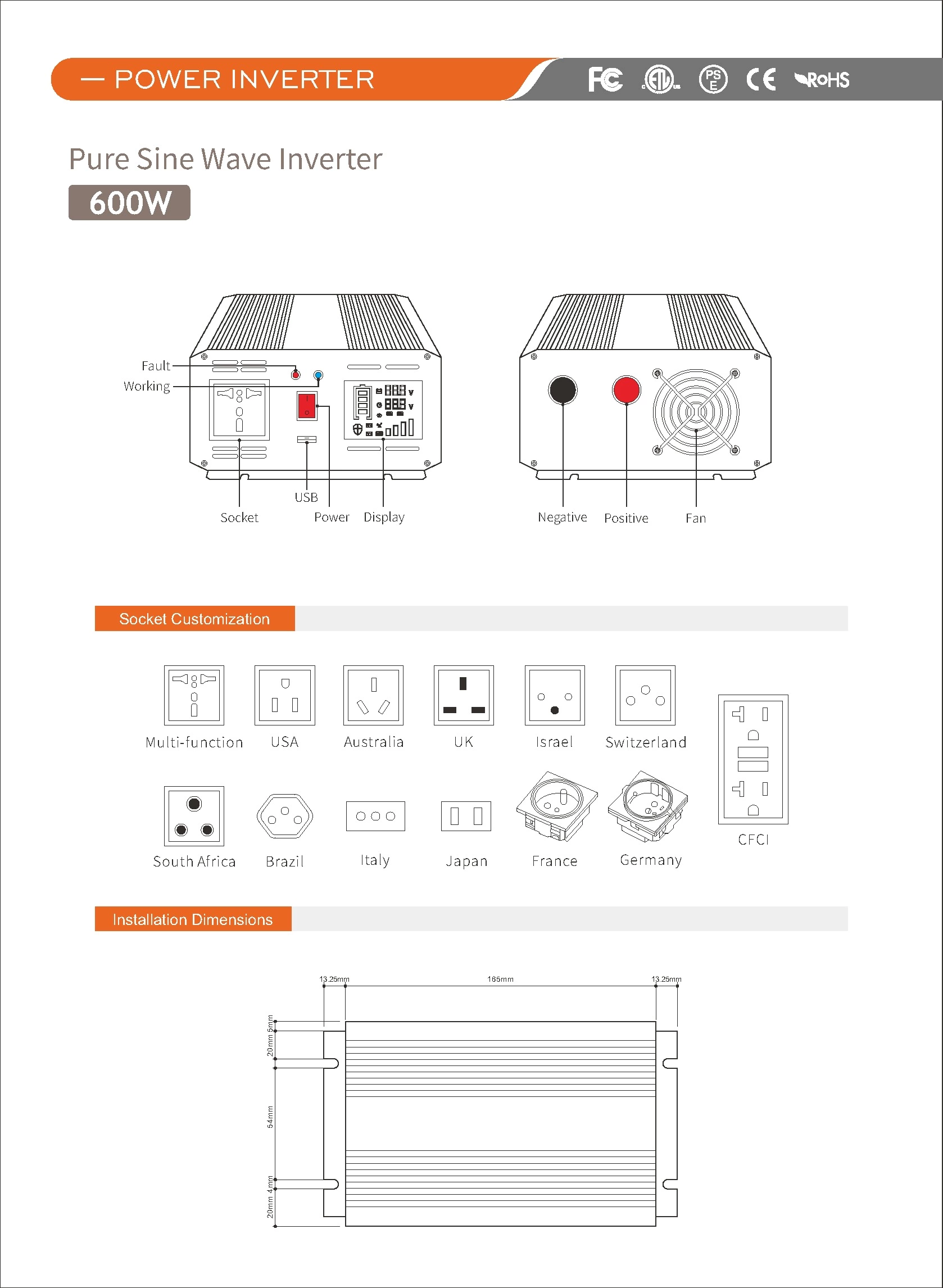 Pure Sine Wave Inverter SGPE 600w 12/24/48VDC New energy system (Color display and remote control is optional)