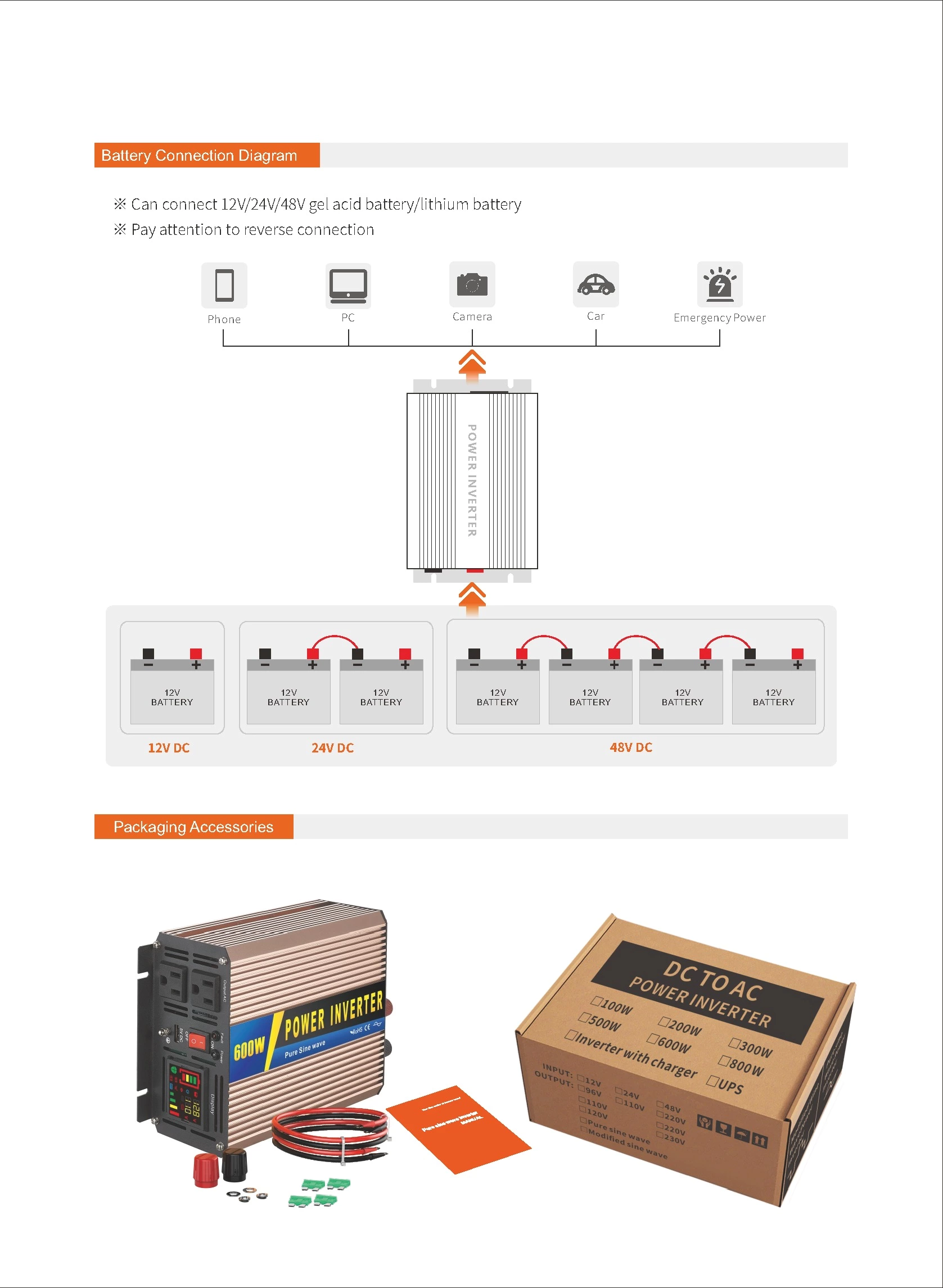 Pure Sine Wave Inverter SGPE 600w 12/24/48VDC New energy system (Color display and remote control is optional)