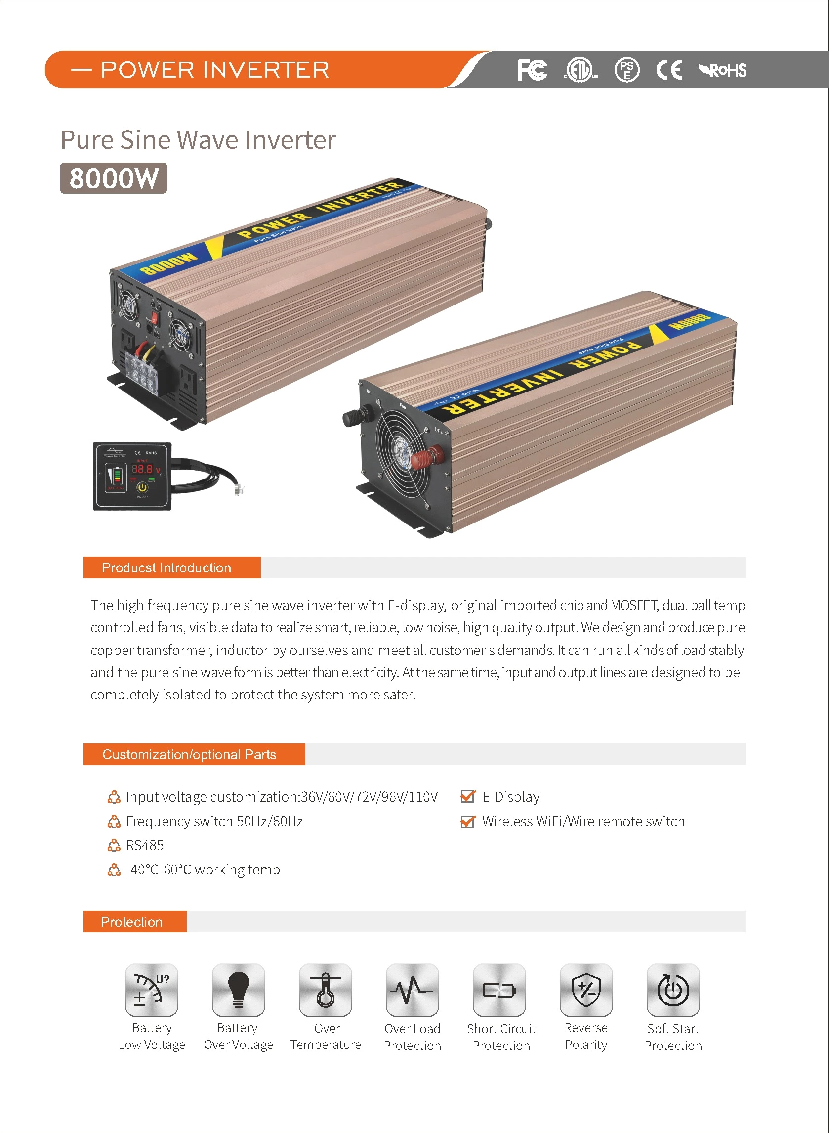 Pure Sine Wave Inverter SGPE1000w/4000W/8000W 12/24/48VDC (Color Display And Remote Control Is Optional)