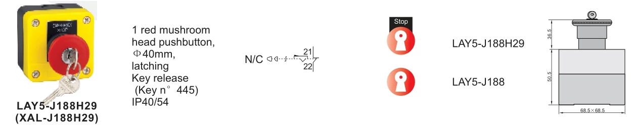 LAY5-J188H29 Industrial Electrical Button Control Box N/C with Key One Red Mushroom