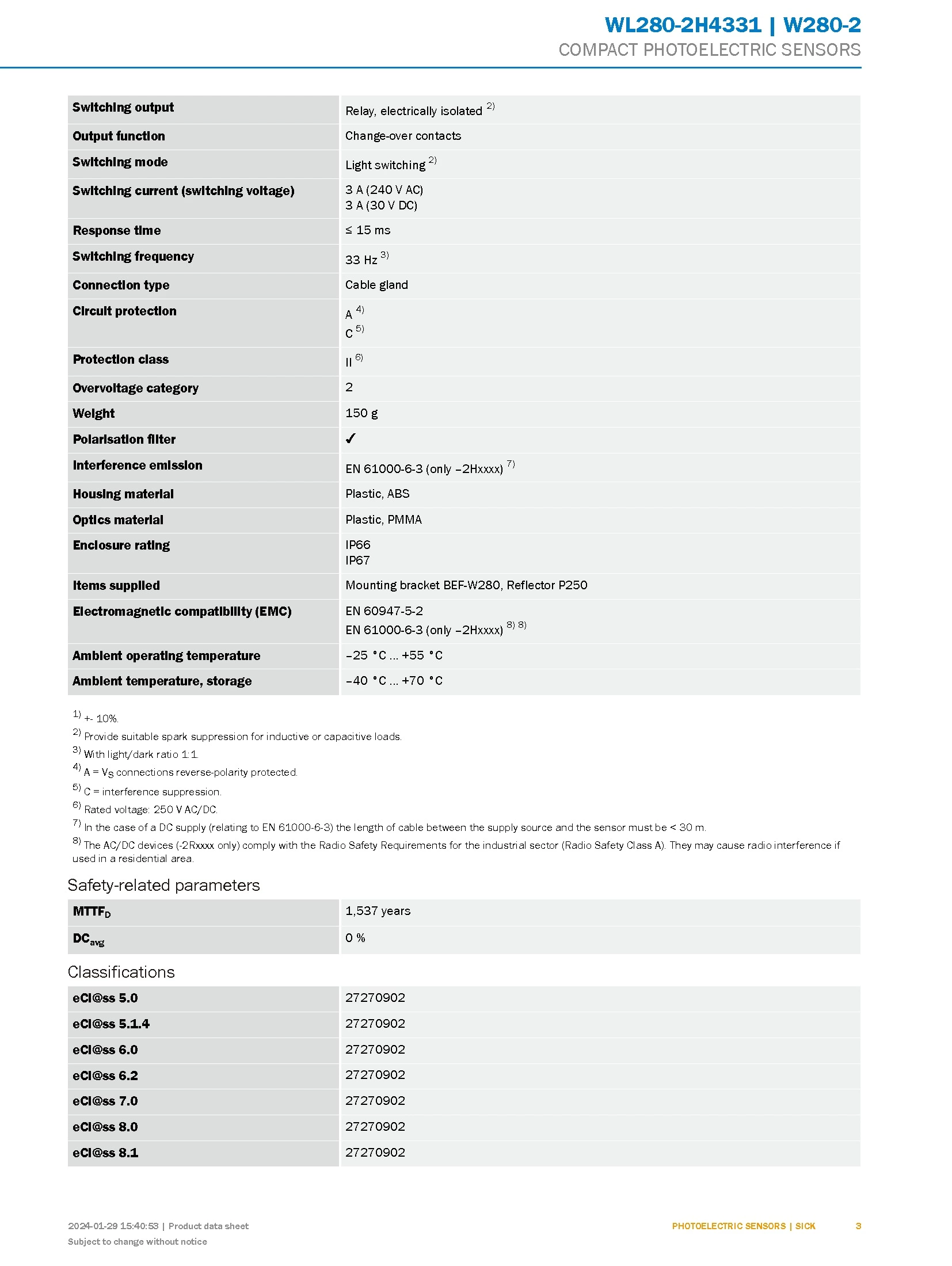SICK WL280-2H4331 Compact Photoelectric Retro-reflective Sensors