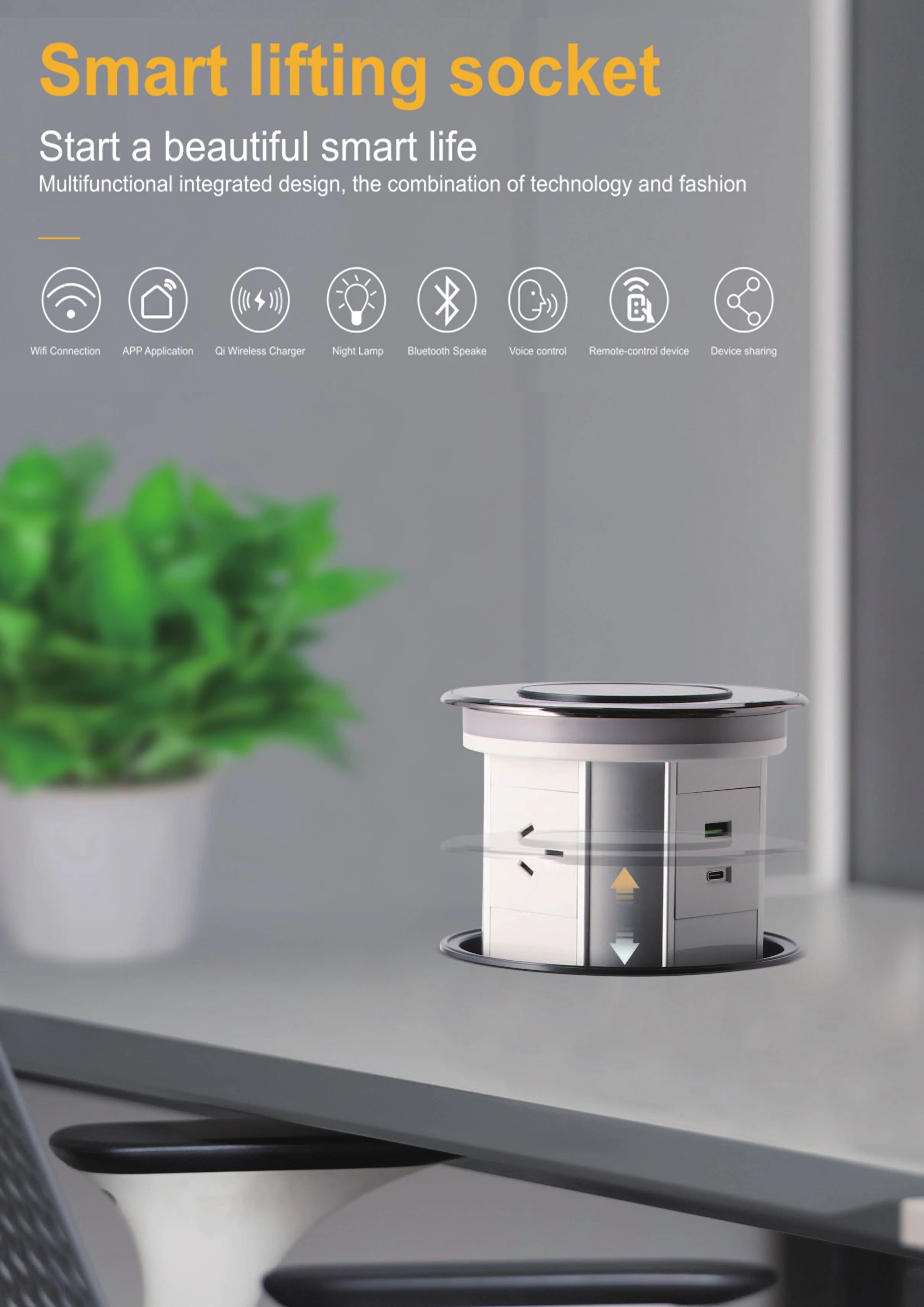 AU Plug Three-position high level WIFI smart Motorized kitchen worktop pop up socket with USB-C led light 15W wireless charging