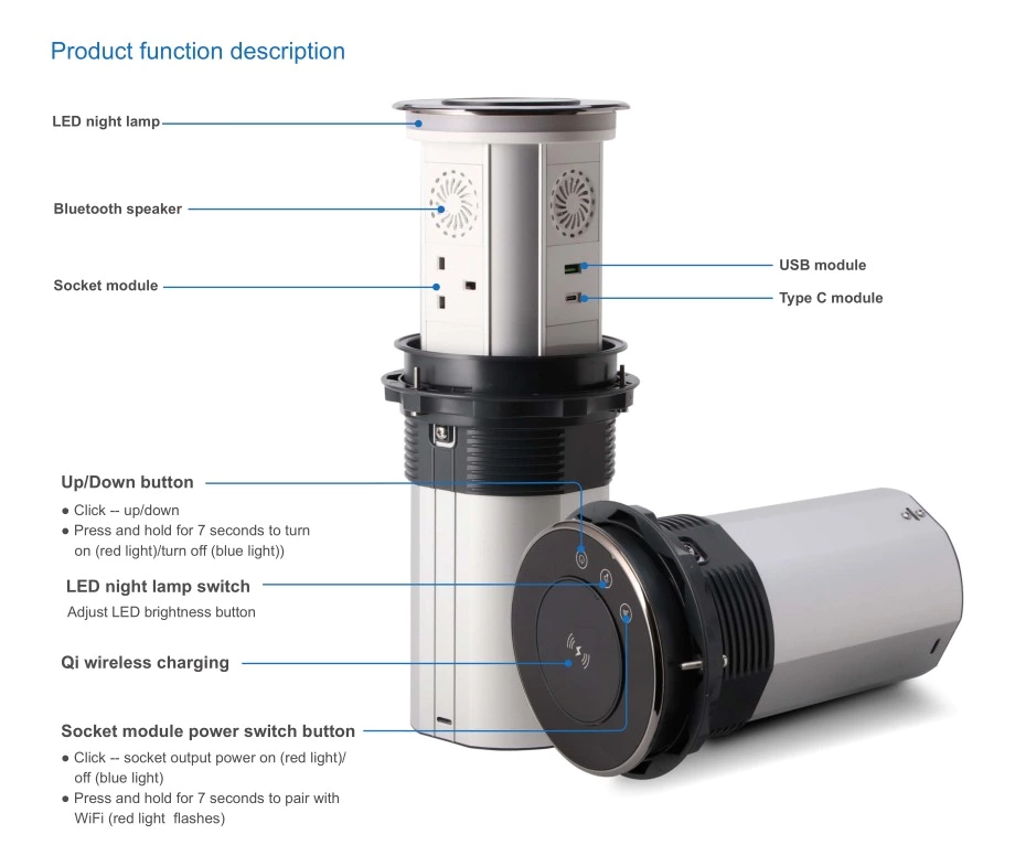 AU Plug Three-position high level WIFI smart Motorized kitchen Bluetooth socket with USB-C led light 15W wireless charging