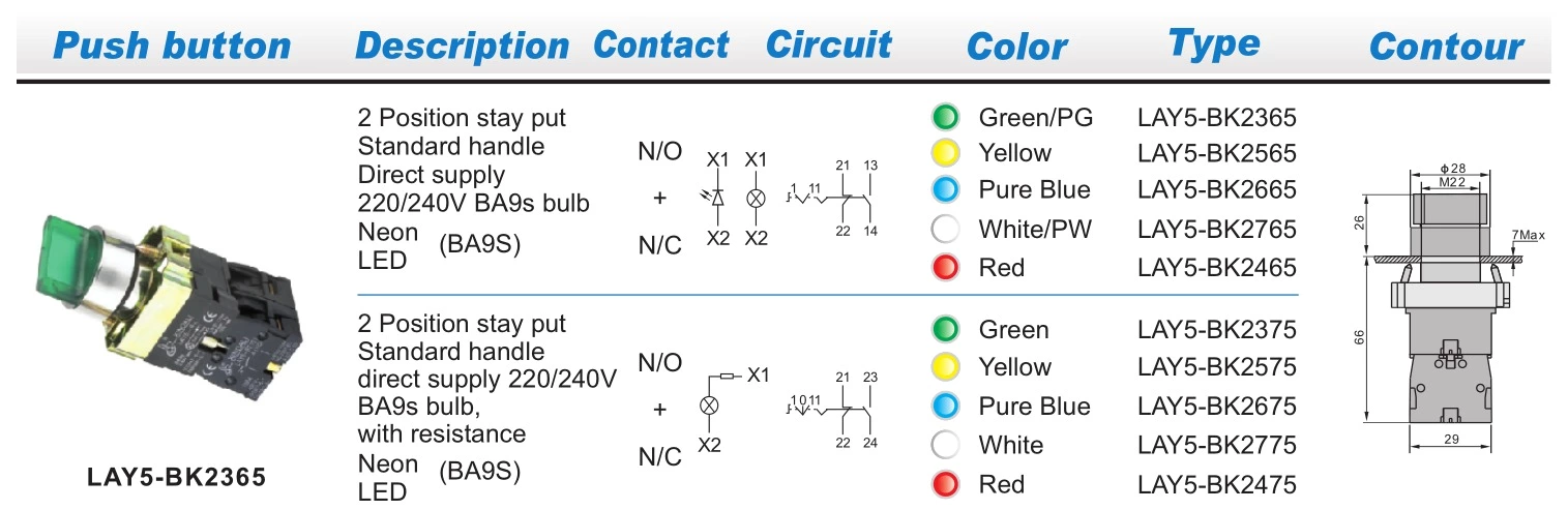 Control Box Push Buttons 2 Position stay put Standard handle Direct supply 220/240V Bule Bulb LAY5-BK2665
