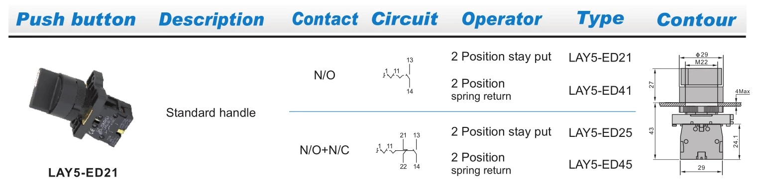 Waterproof Push Button Switch 2 Position Stay Put NO LAY5-ED21