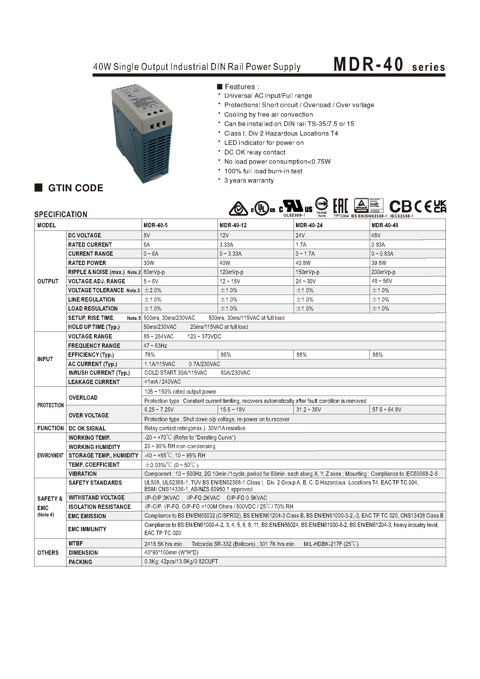 40W Single Output Industrial DIN Rail Power Supply MDR-40-24
