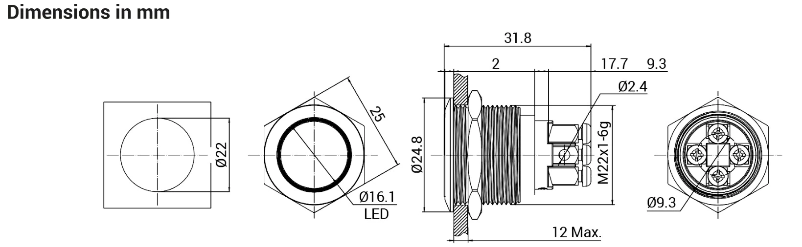 Metal Push Button Screw Type JS22F-11E-W-12V-S Selevator Equipment Waterproof LED Button