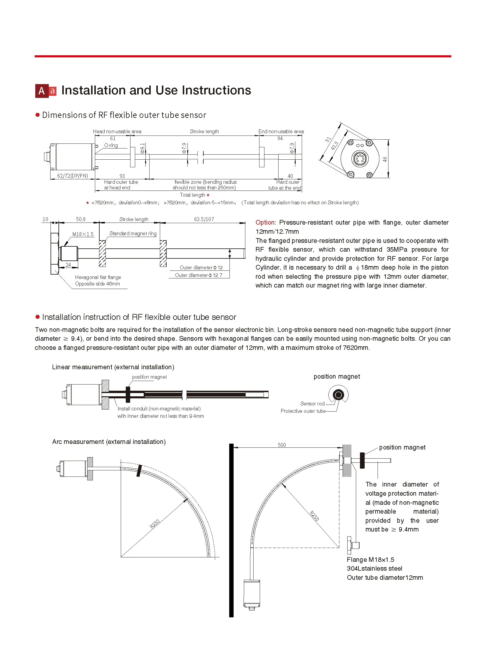 RF Profibus-DP Output Flexible Outer Tube Displacement Sensor